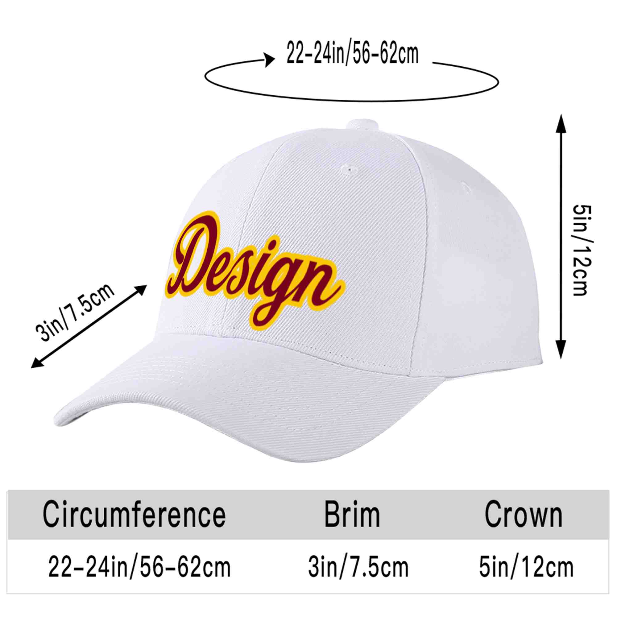 Custom White Crimson-Yellow Curved Eaves Sport Design Baseball Cap