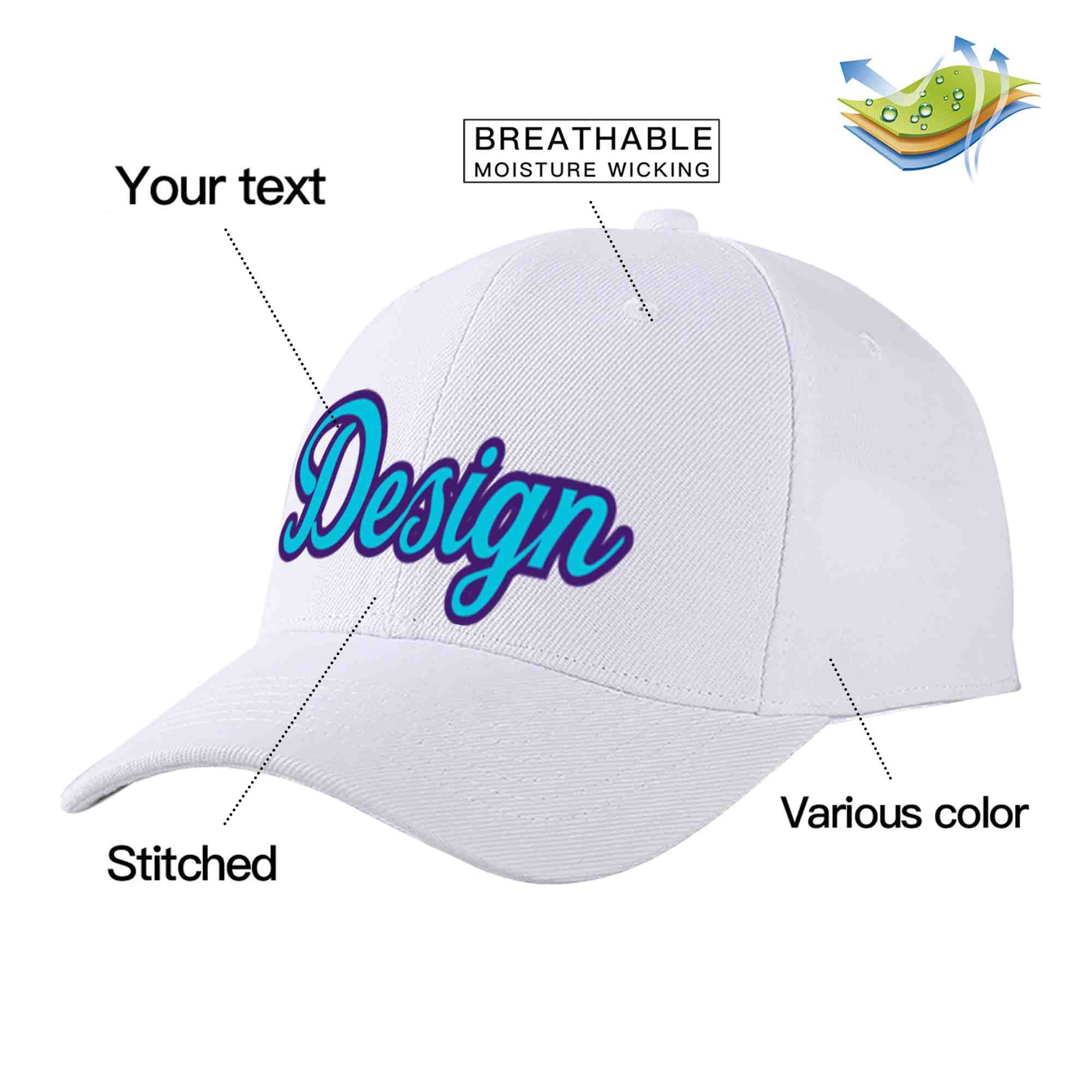 Casquette de baseball incurvée personnalisée, blanc, bleu clair, violet, design sportif