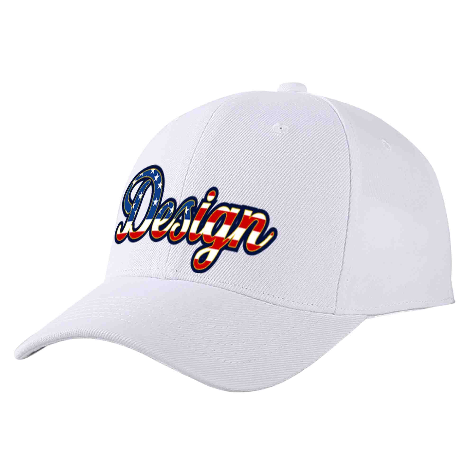 Casquette de baseball personnalisée avec drapeau américain vintage, design sportif, avec avant-toit incurvé doré, blanc