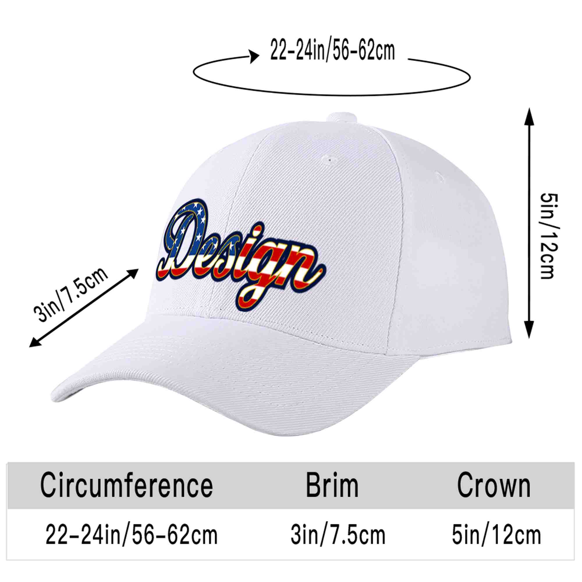 Casquette de baseball personnalisée avec drapeau américain vintage, design sportif, avec avant-toit incurvé doré, blanc