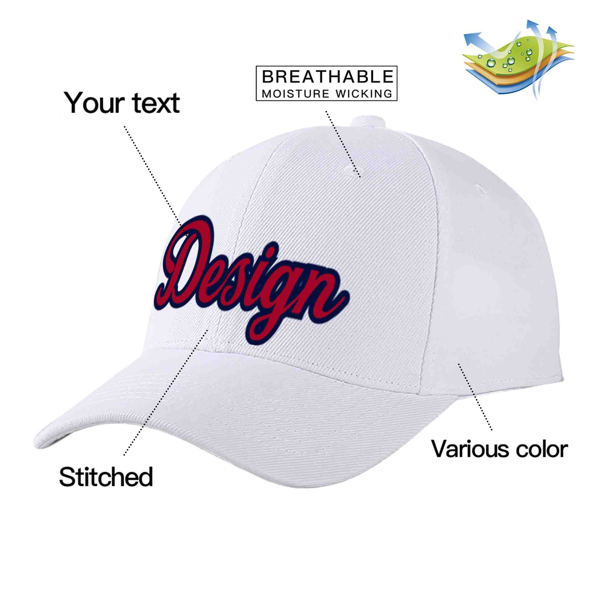 Custom White Red-Navy Curved Eaves Sport Design Baseball Cap