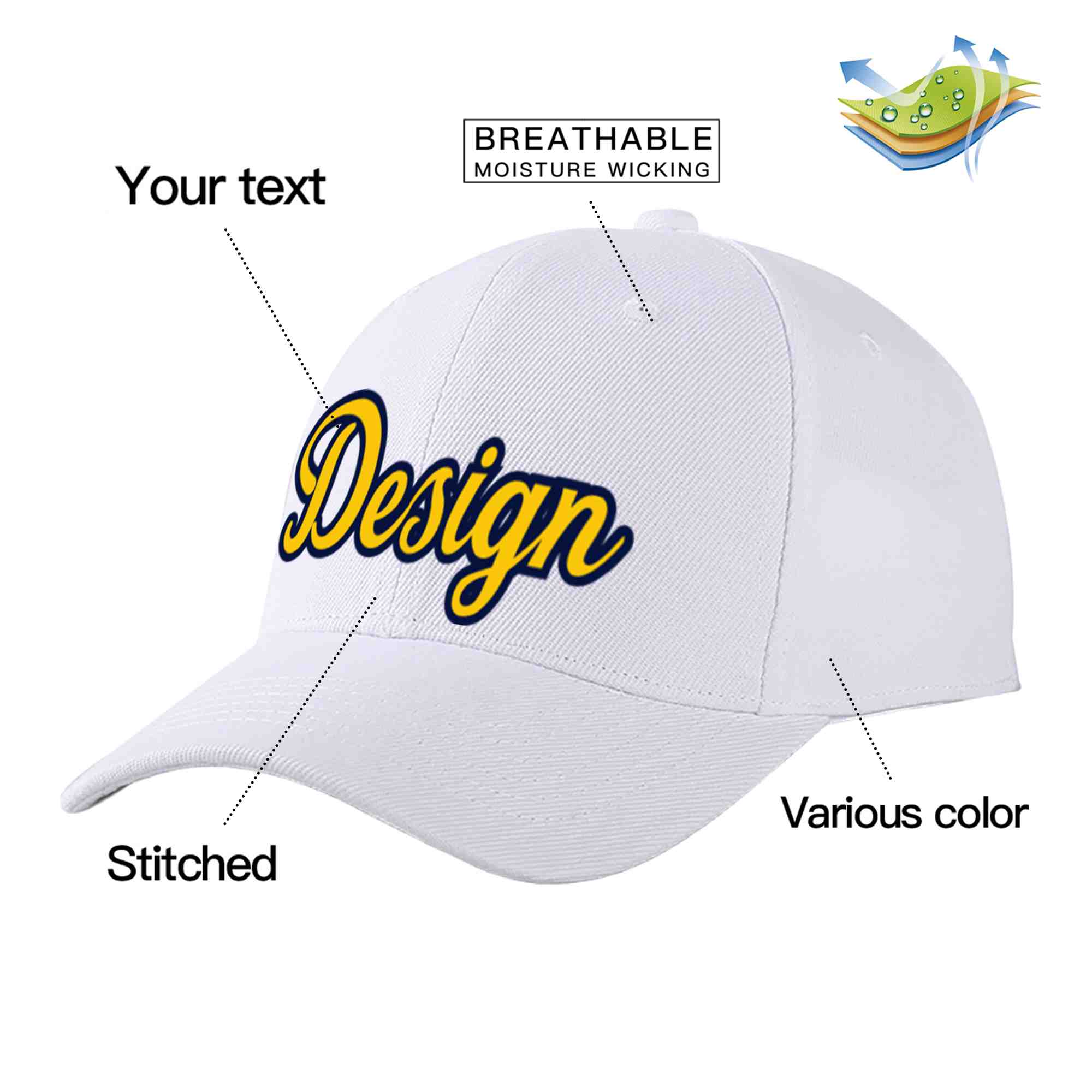 Custom White Yellow-Navy Curved Eaves Sport Design Baseball Cap