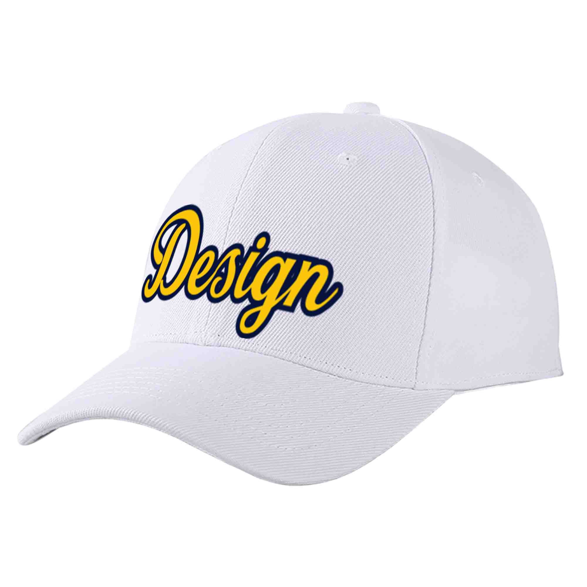 Custom White Yellow-Navy Curved Eaves Sport Design Baseball Cap