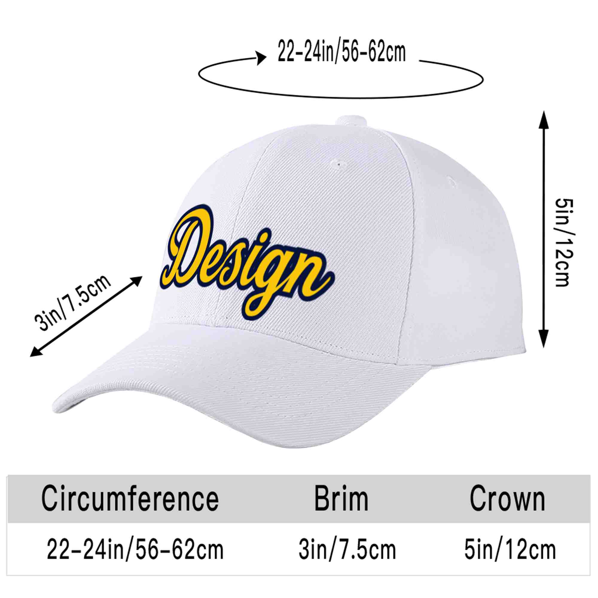 Custom White Yellow-Navy Curved Eaves Sport Design Baseball Cap