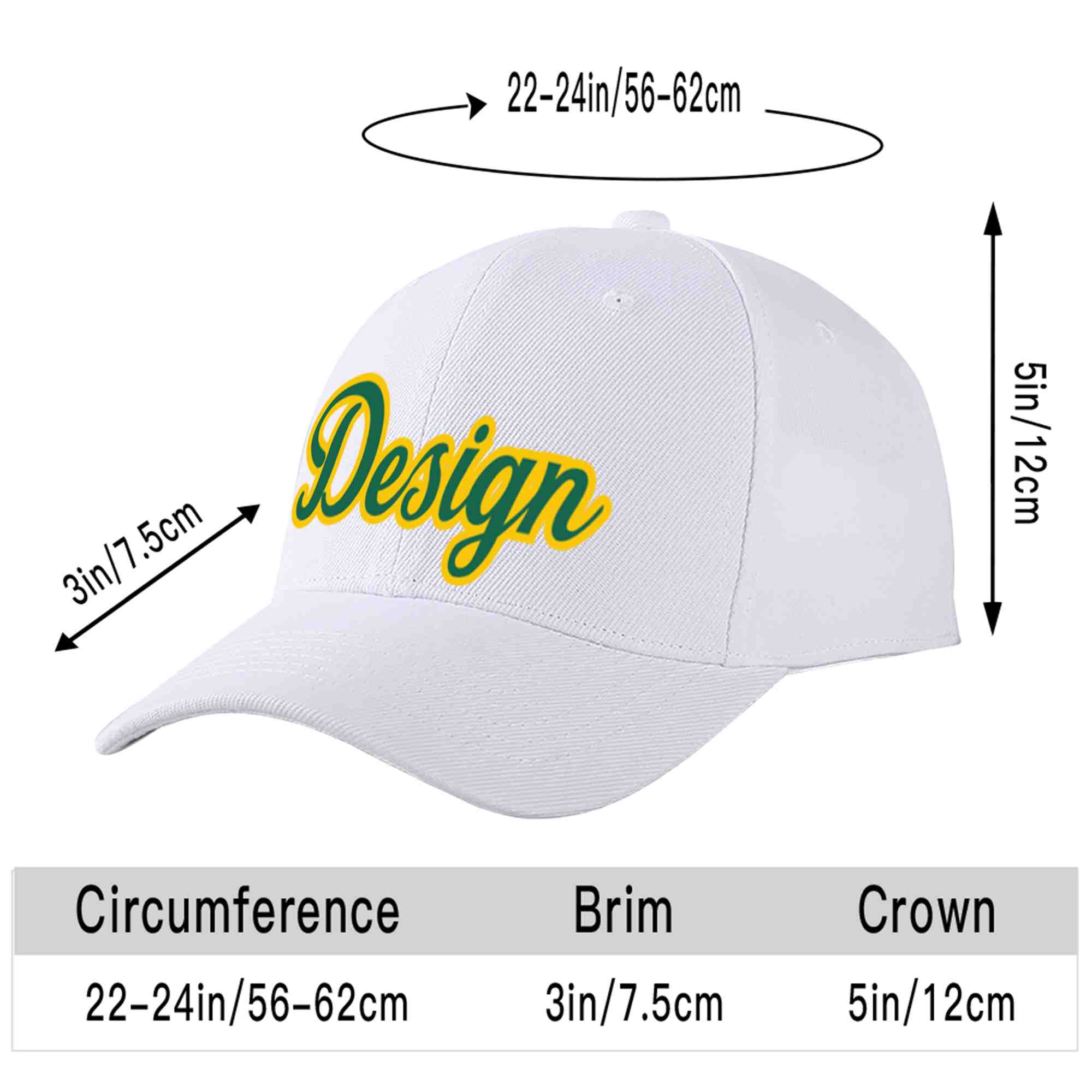 Custom White Kelly Green-Yellow Curved Eaves Sport Design Baseball Cap