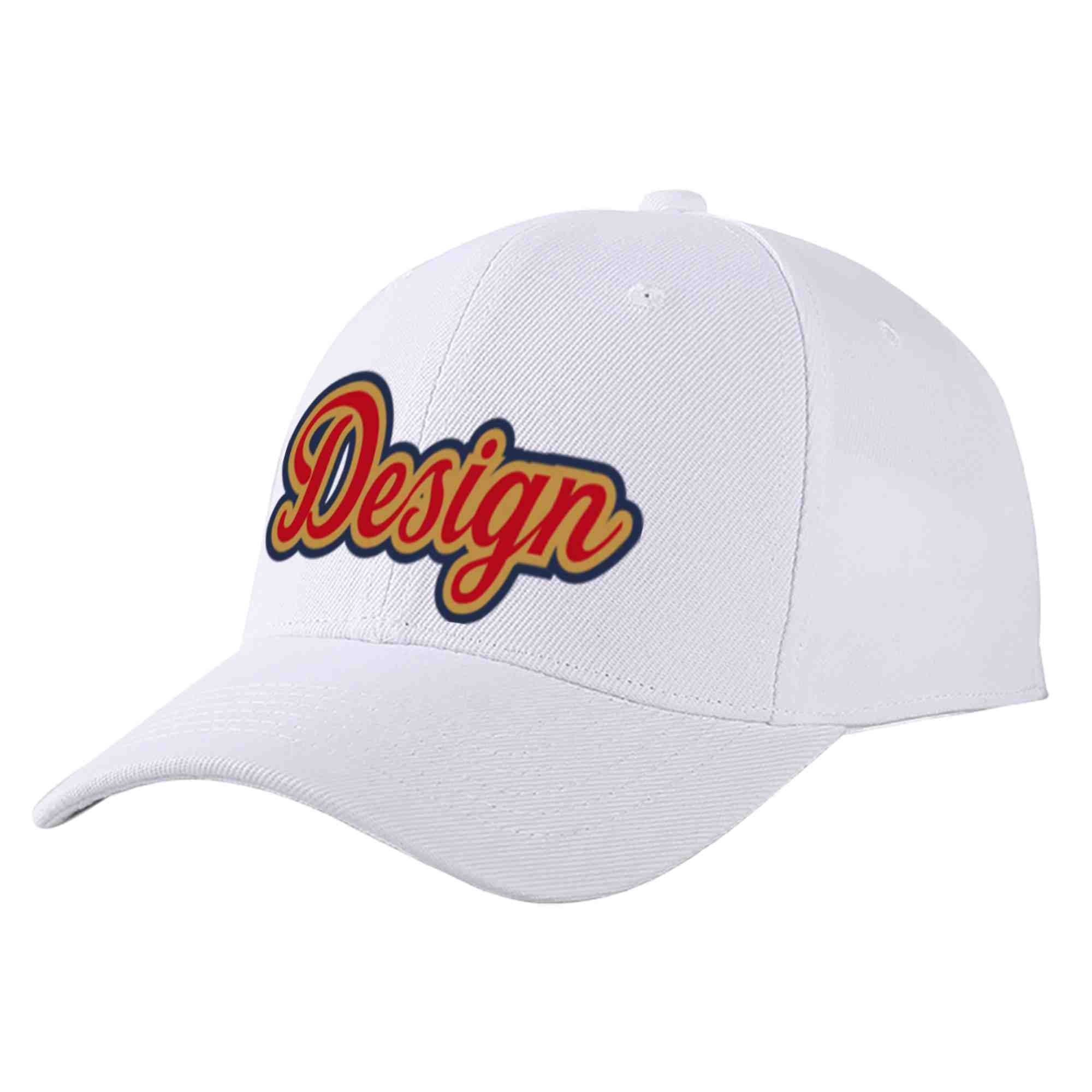 Custom White Red-Old Gold Curved Eaves Sport Design Baseball Cap