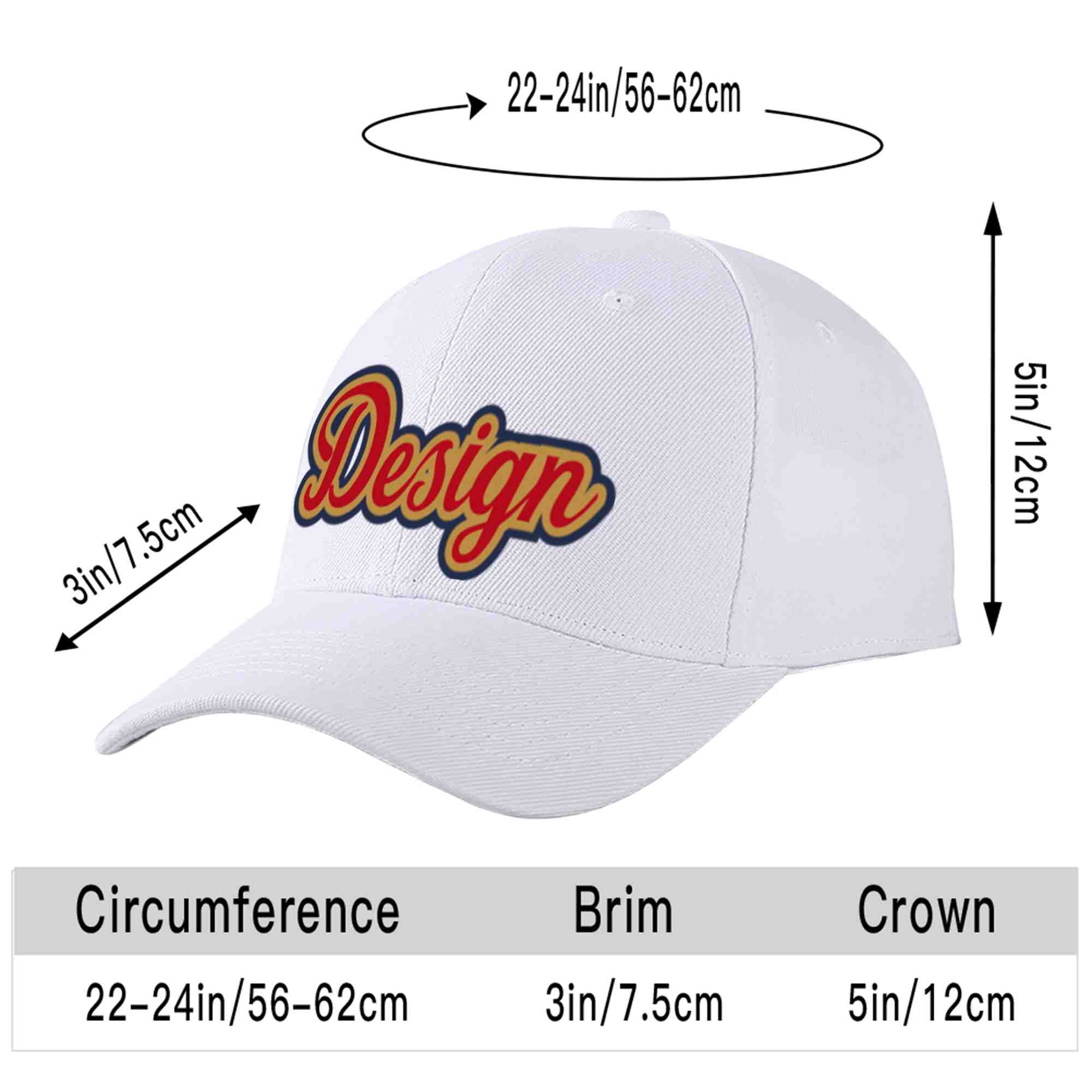 Custom White Red-Old Gold Curved Eaves Sport Design Baseball Cap