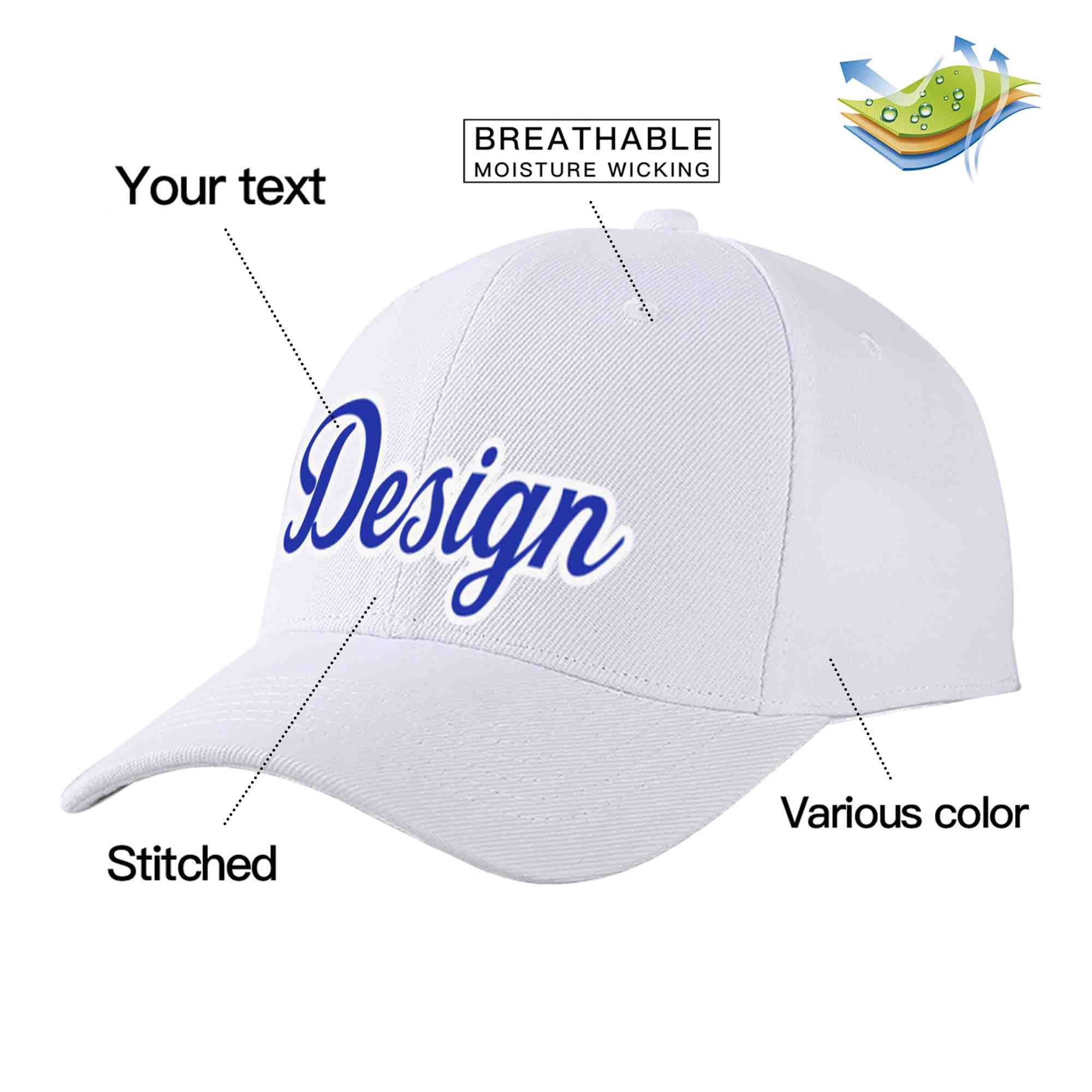 Custom White Royal-White Curved Eaves Sport Design Baseball Cap