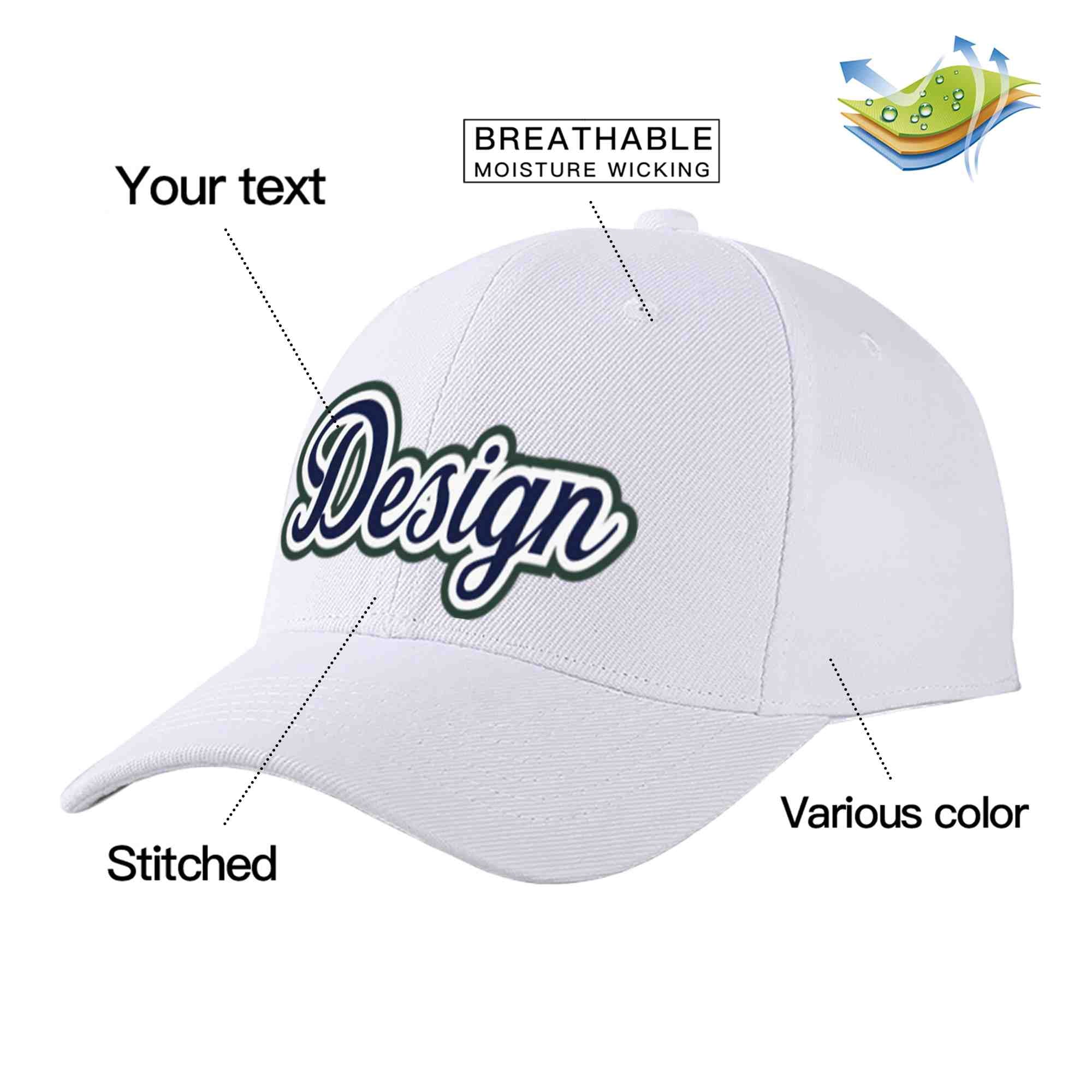 Custom White Navy-White Curved Eaves Sport Design Baseball Cap