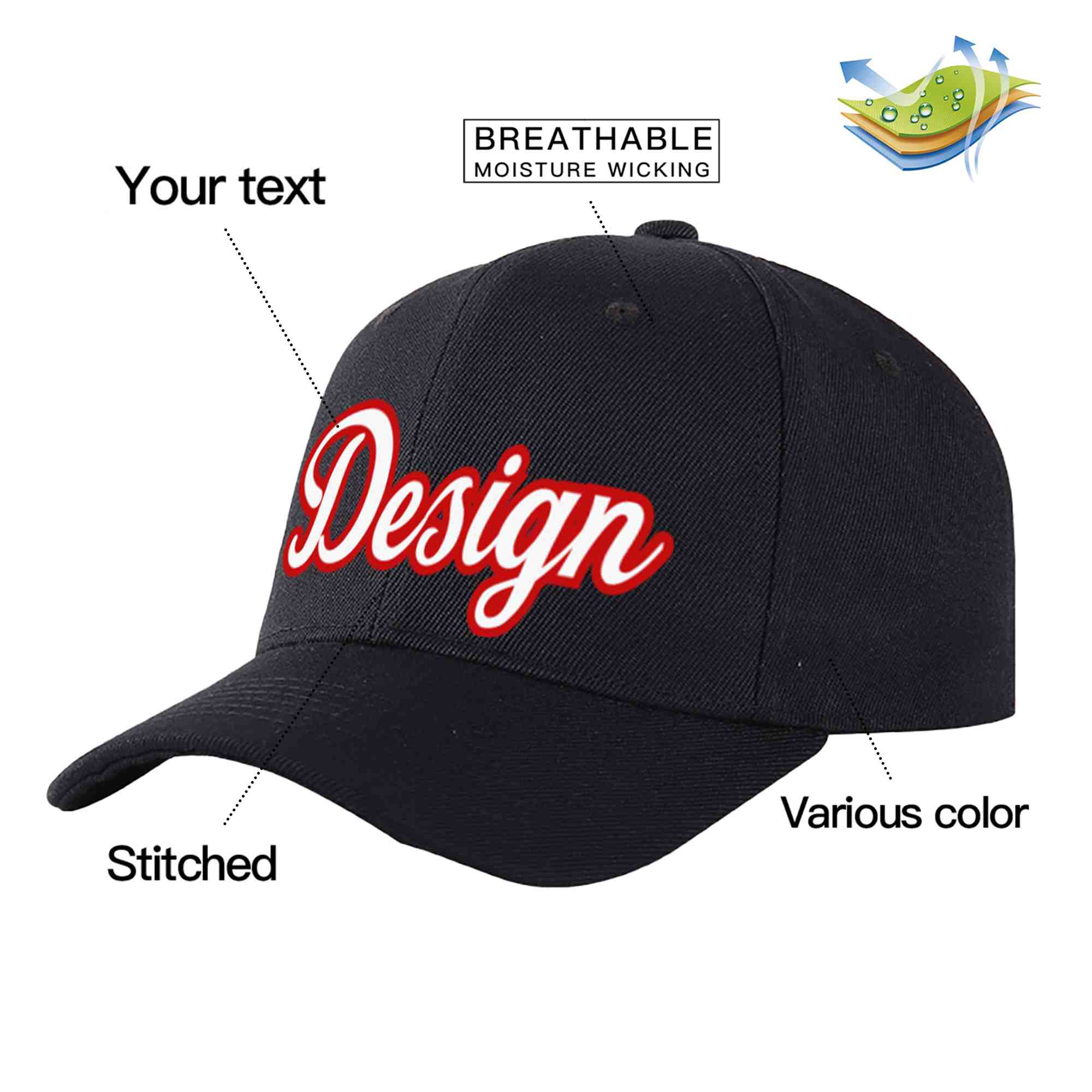 Custom Black White-Red Curved Eaves Sport Design Baseball Cap