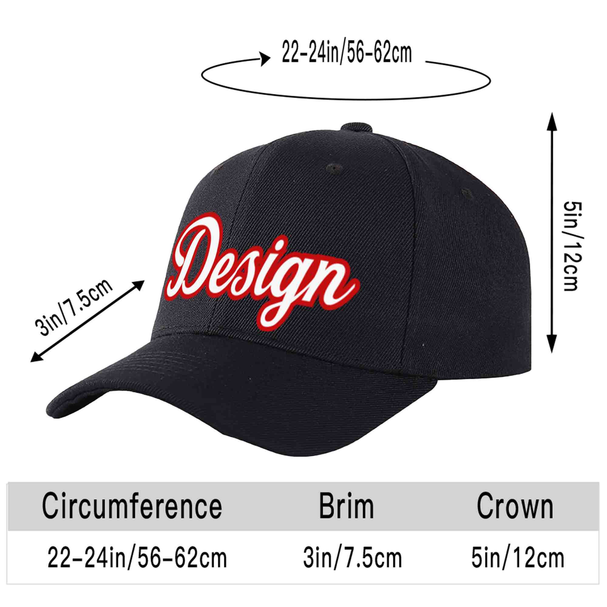 Custom Black White-Red Curved Eaves Sport Design Baseball Cap