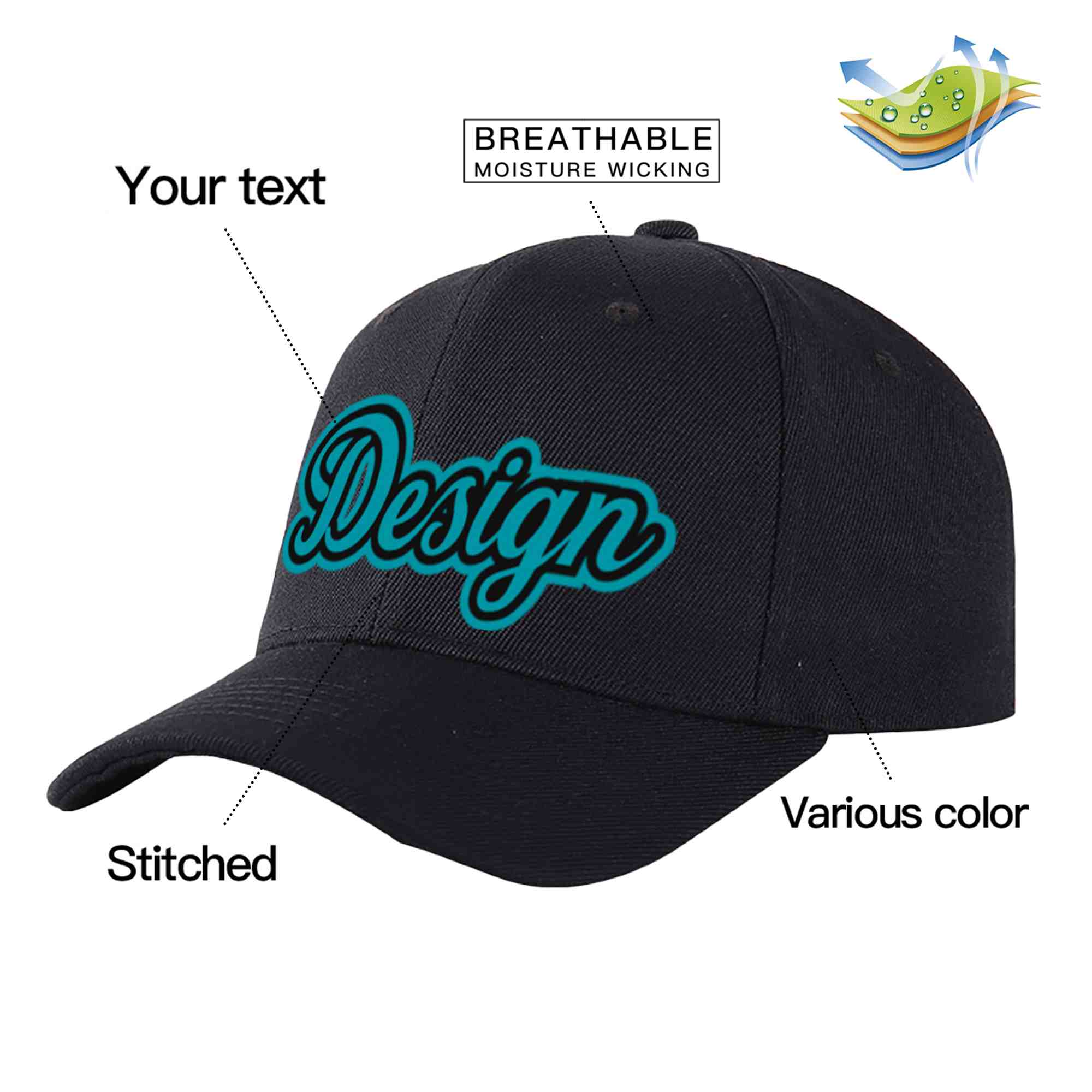 Casquette de baseball personnalisée noire Aqua-Black Curved Eaves Sport Design