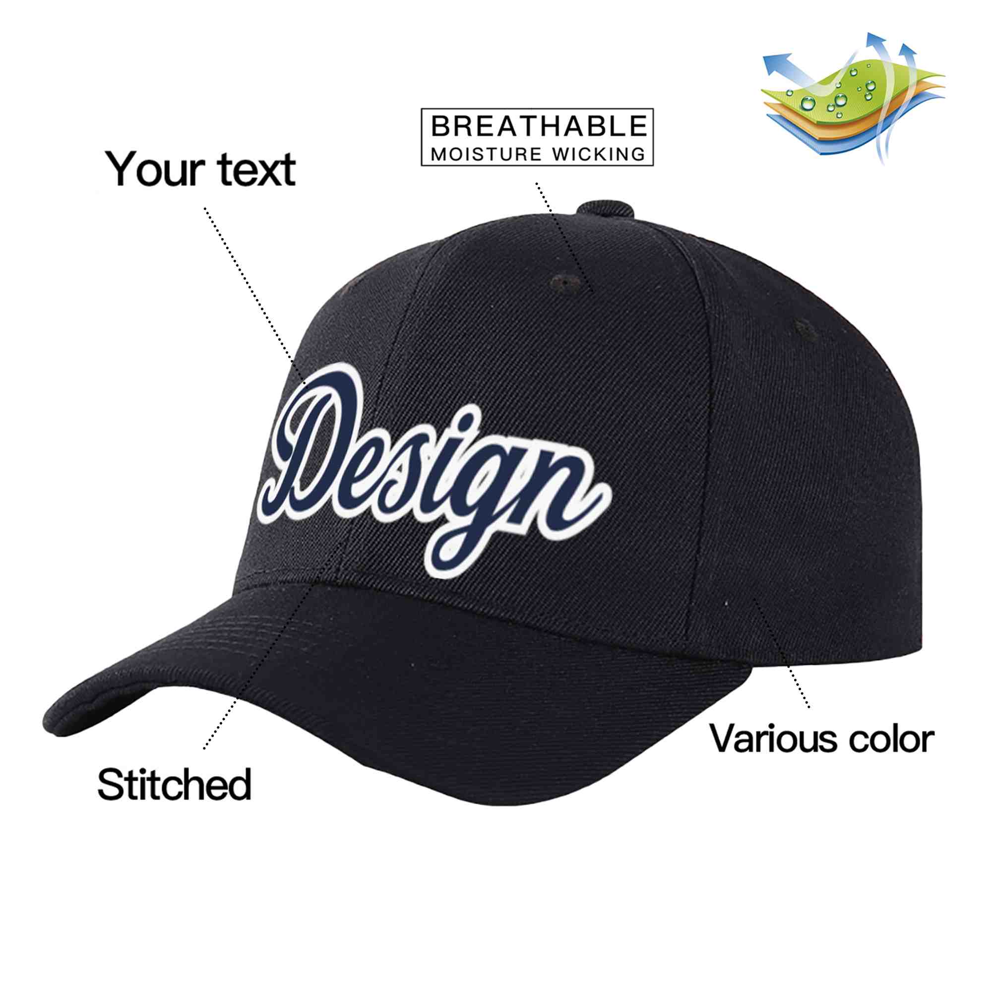 Custom Black Navy-White Curved Eaves Sport Design Baseball Cap