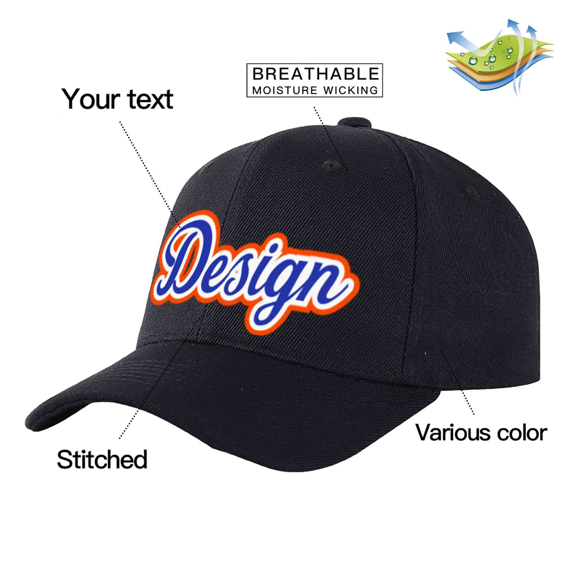 Custom Black Royal-White Curved Eaves Sport Design Baseball Cap