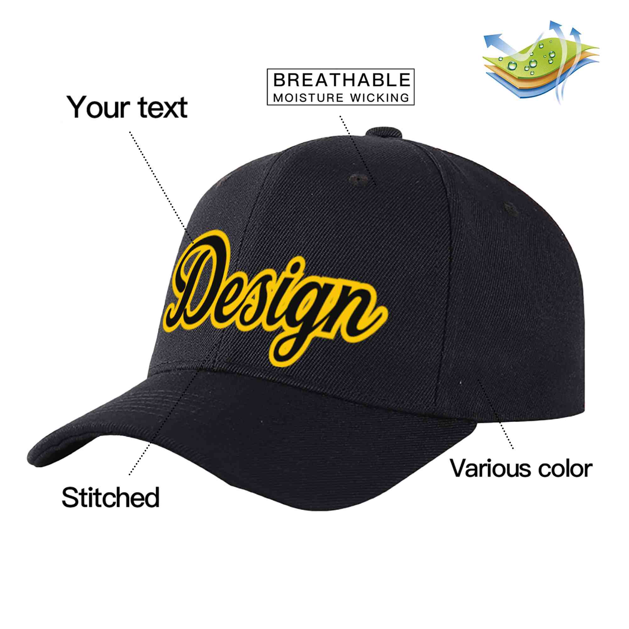 Custom Black Black-Gold Curved Eaves Sport Design Baseball Cap