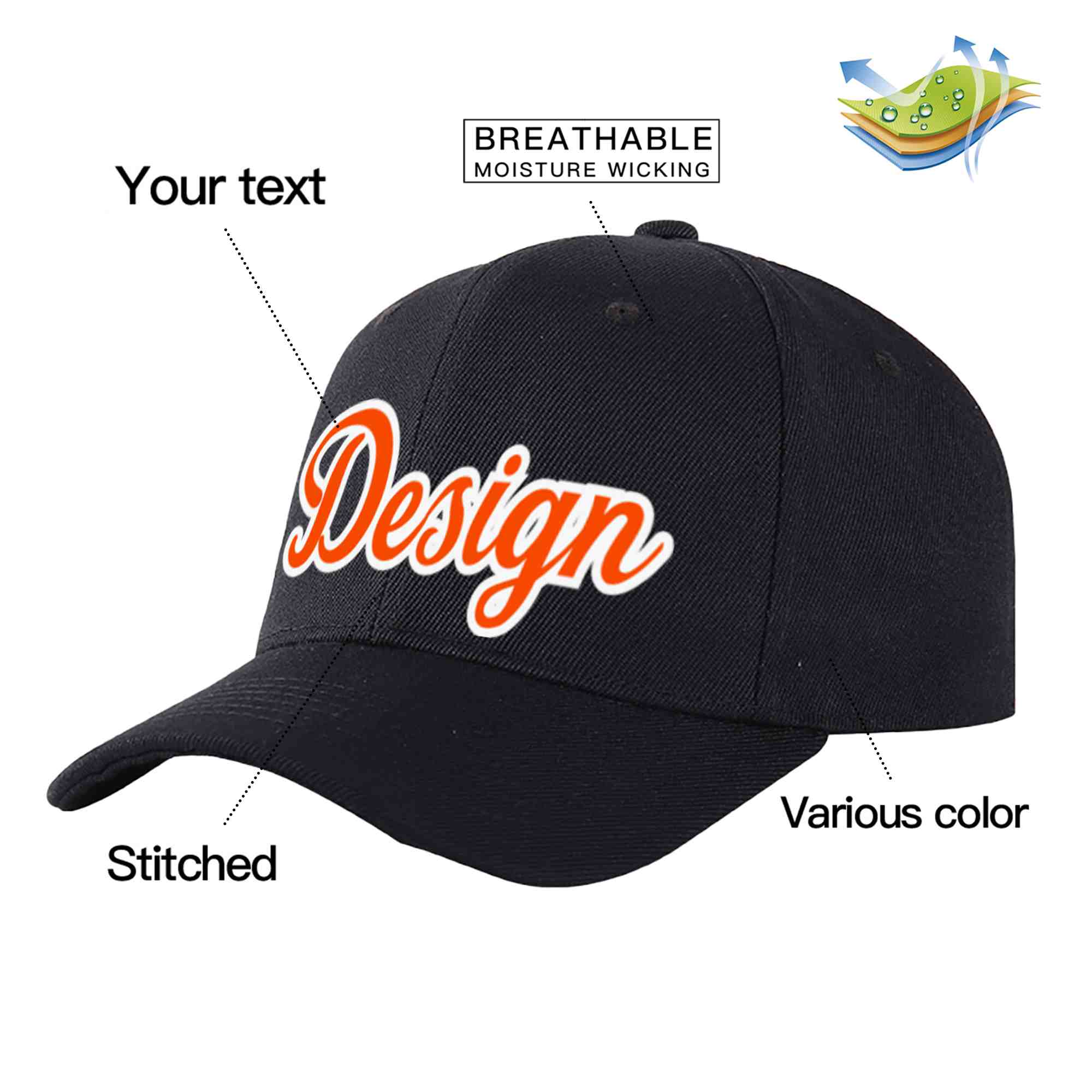 Custom Black Orange-White Curved Eaves Sport Design Baseball Cap