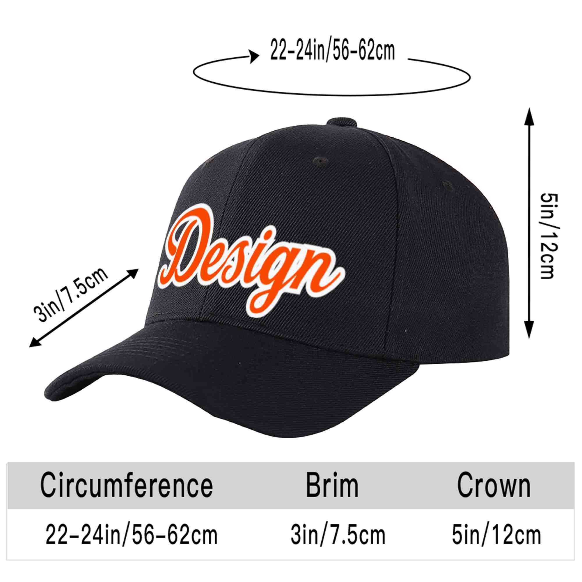 Custom Black Orange-White Curved Eaves Sport Design Baseball Cap