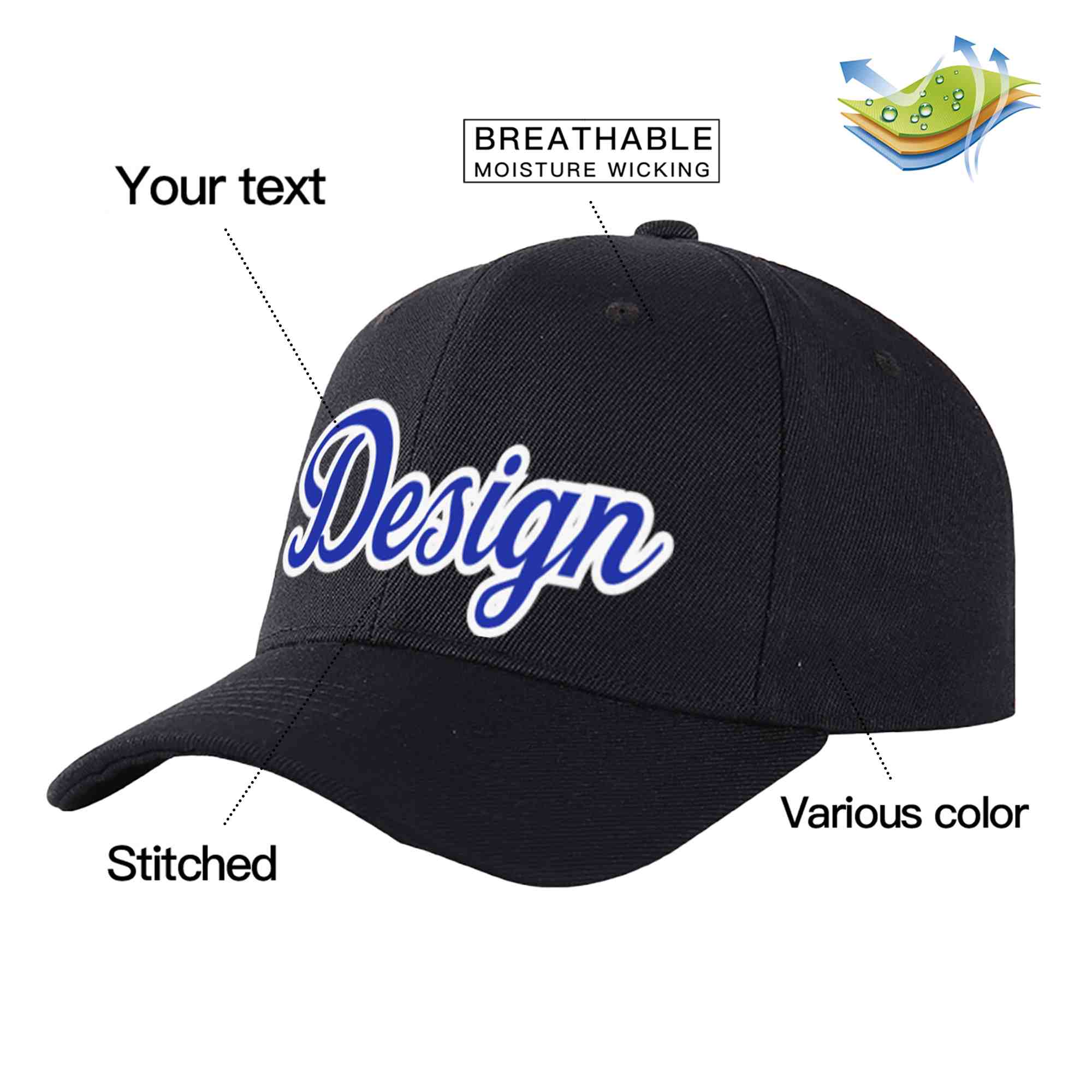 Custom Black Royal-White Curved Eaves Sport Design Baseball Cap