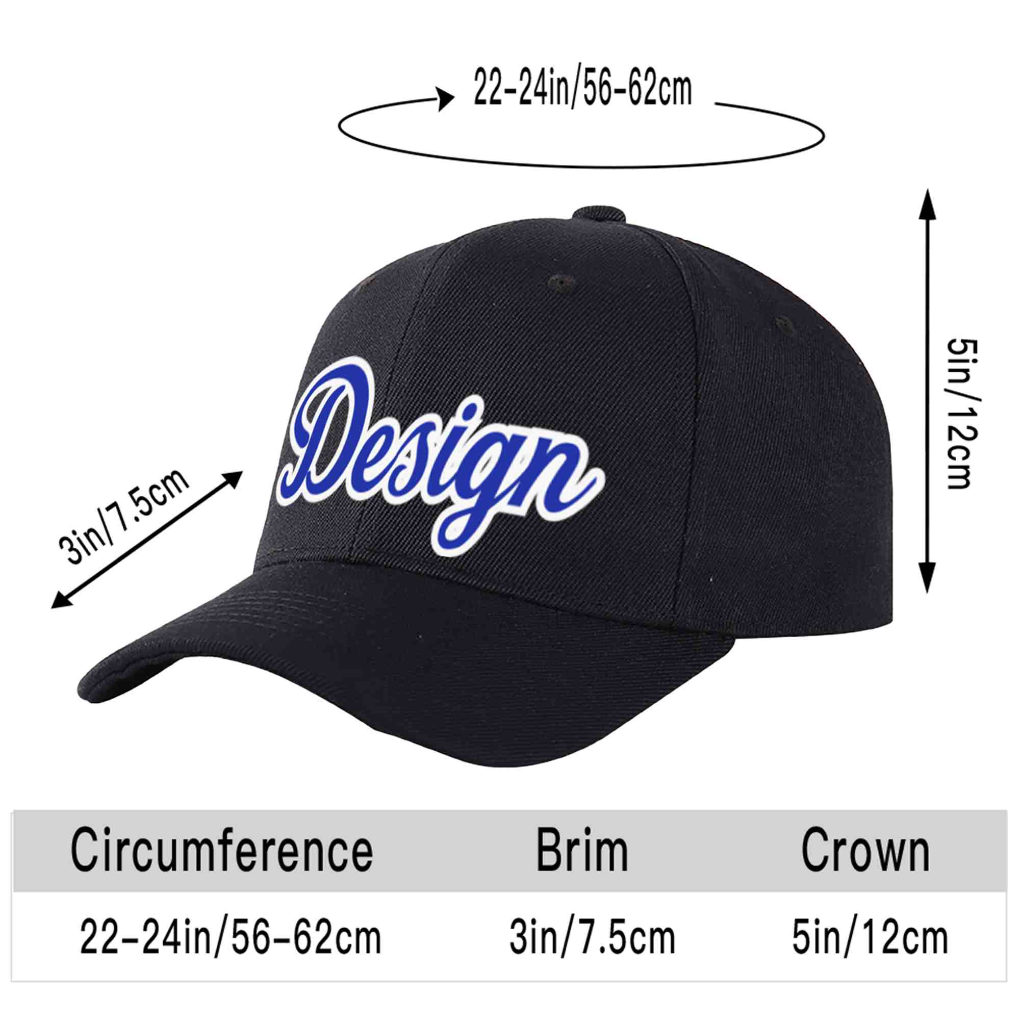 Custom Black Royal-White Curved Eaves Sport Design Baseball Cap