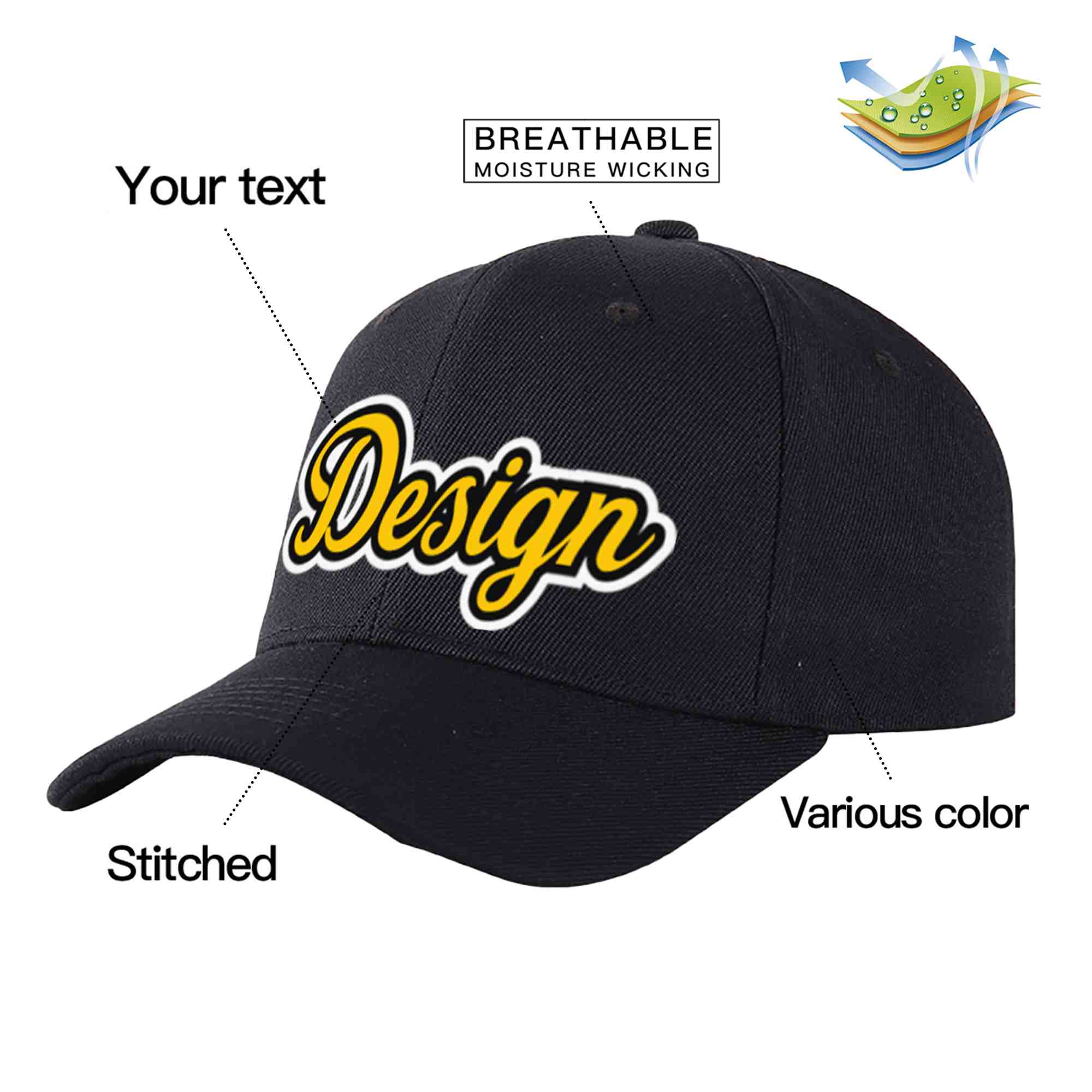 Custom Black Gold-Black Curved Eaves Sport Design Baseball Cap