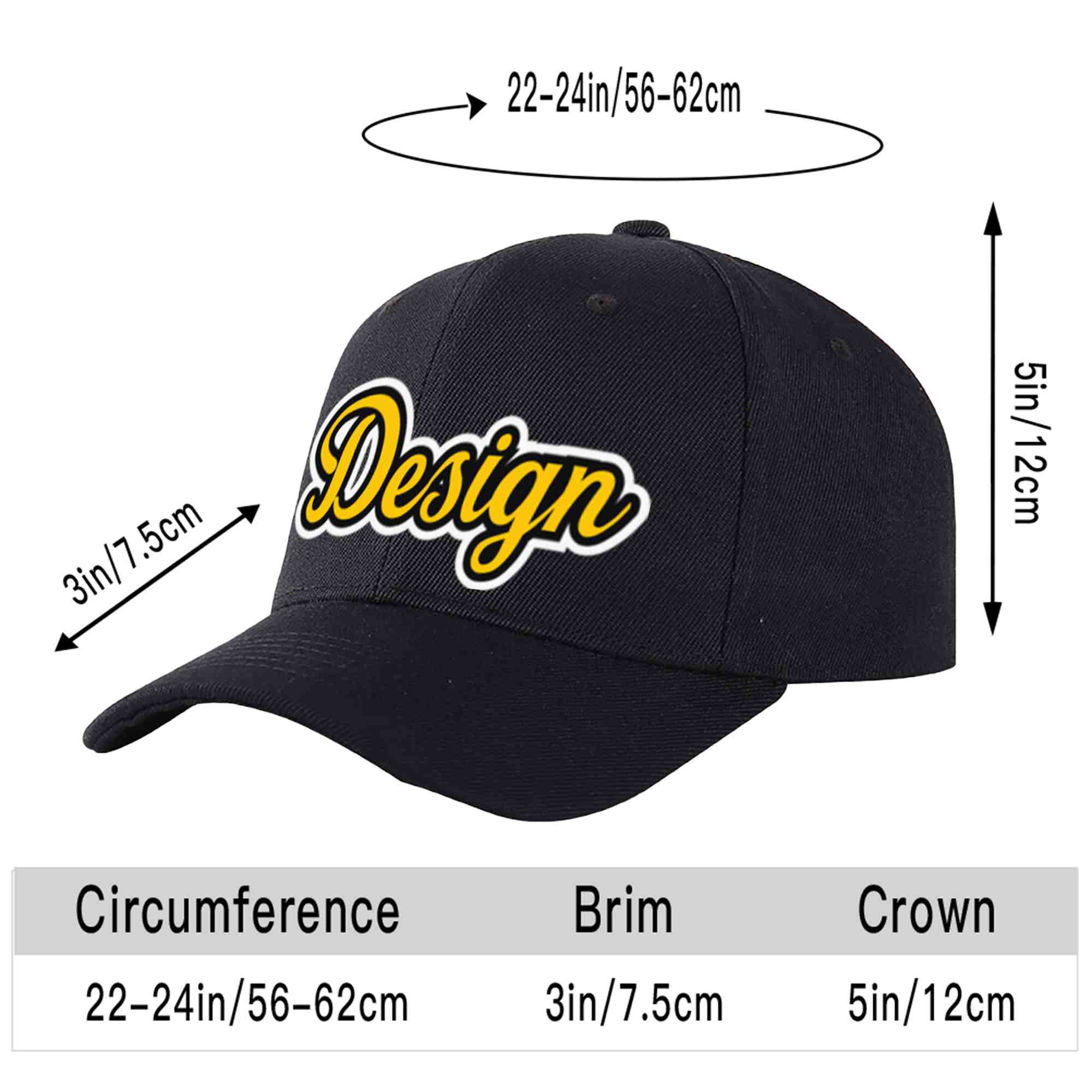 Custom Black Gold-Black Curved Eaves Sport Design Baseball Cap