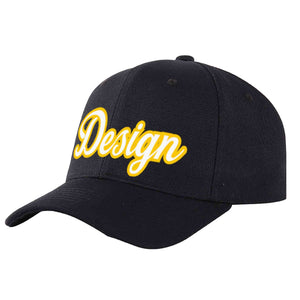 Custom Black White-Gold Curved Eaves Sport Design Baseball Cap