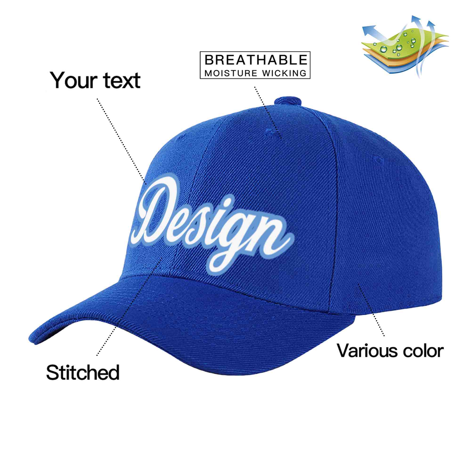 Casquette de baseball personnalisée Royal White-Light Blue Curved Eaves Sport Design