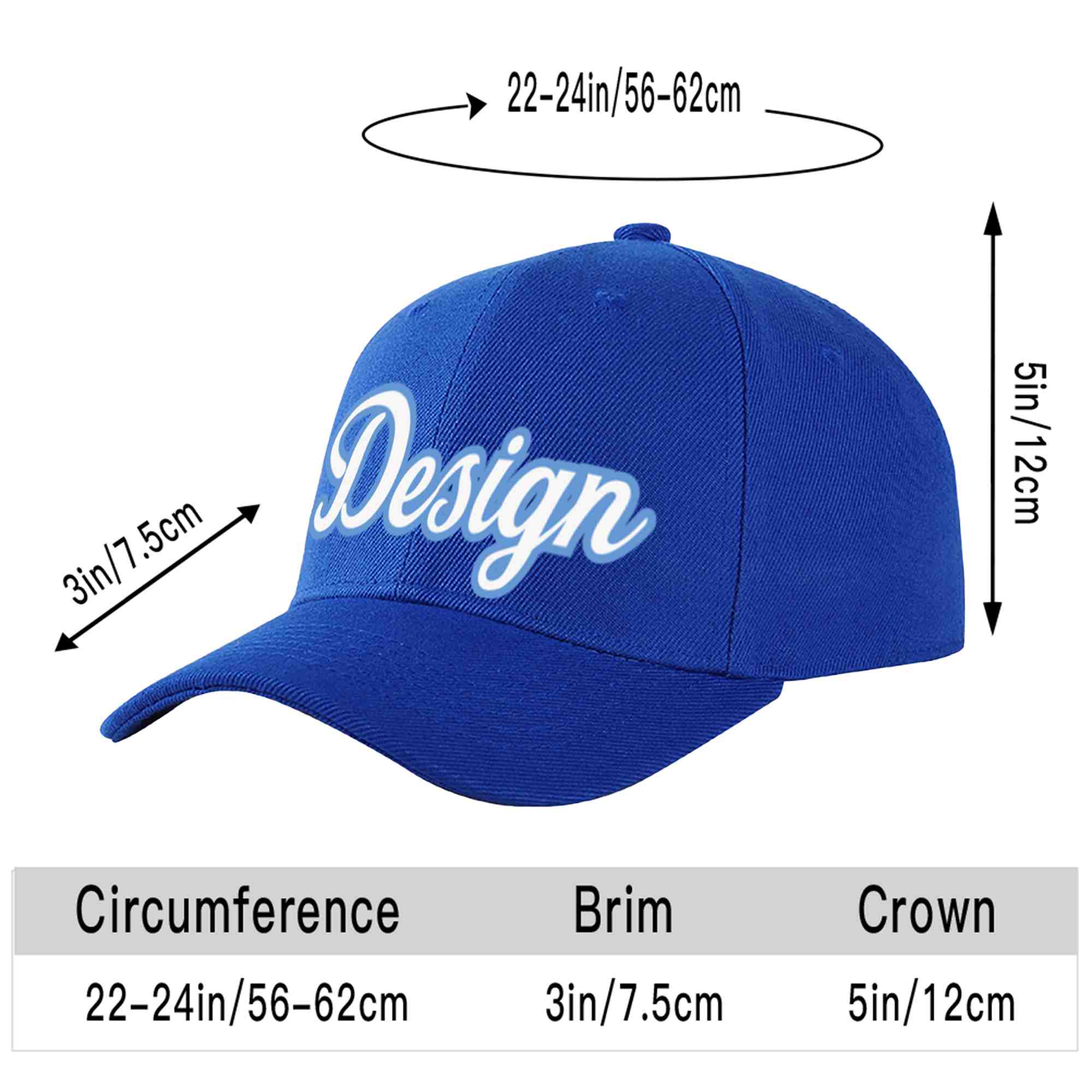 Casquette de baseball personnalisée Royal White-Light Blue Curved Eaves Sport Design