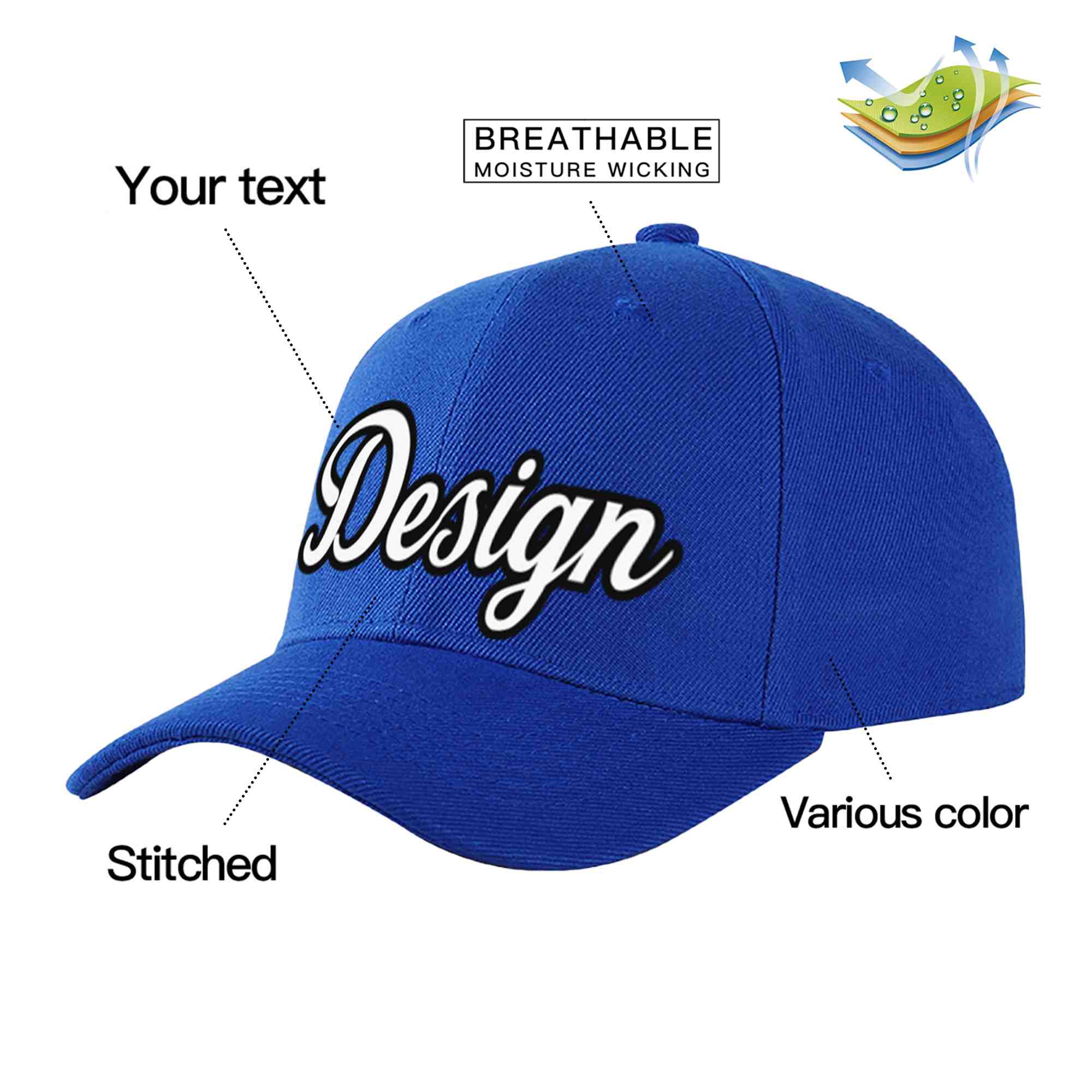 Casquette de baseball personnalisée Royal White-Black Curved Eaves Sport Design