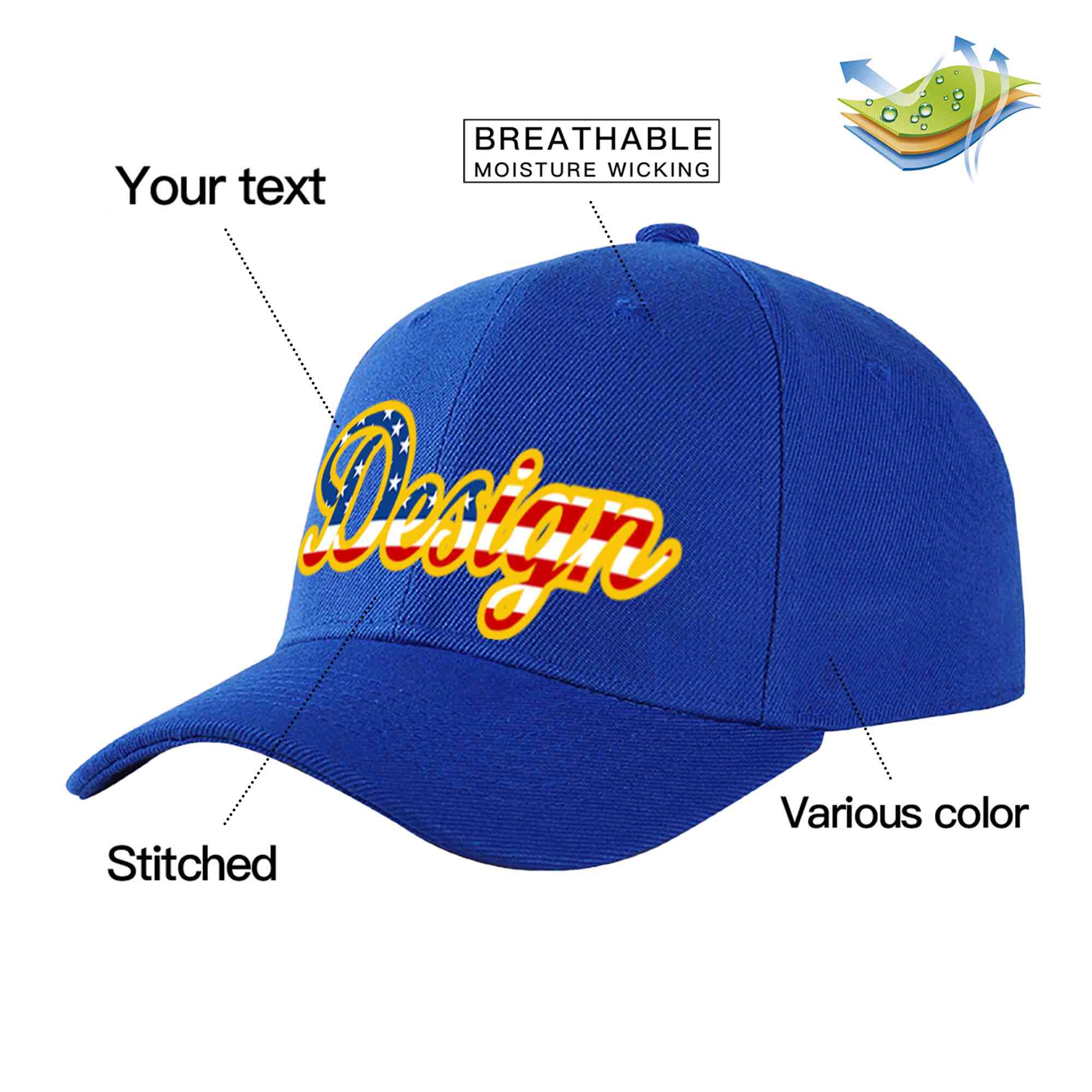 Casquette de baseball personnalisée, drapeau américain Vintage Royal, jaune, avec avant-toit incurvé, Design sportif