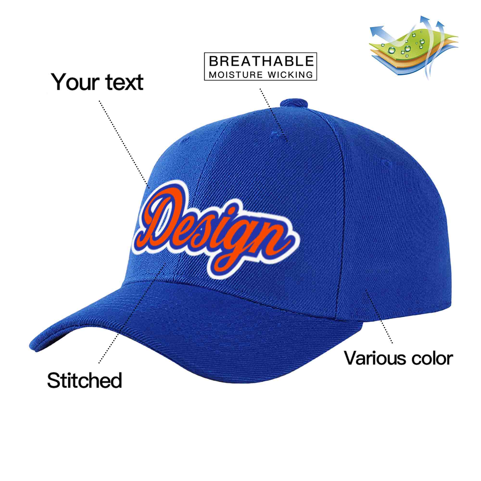 Custom Royal Orange-Royal Curved Eaves Sport Design Baseball Cap