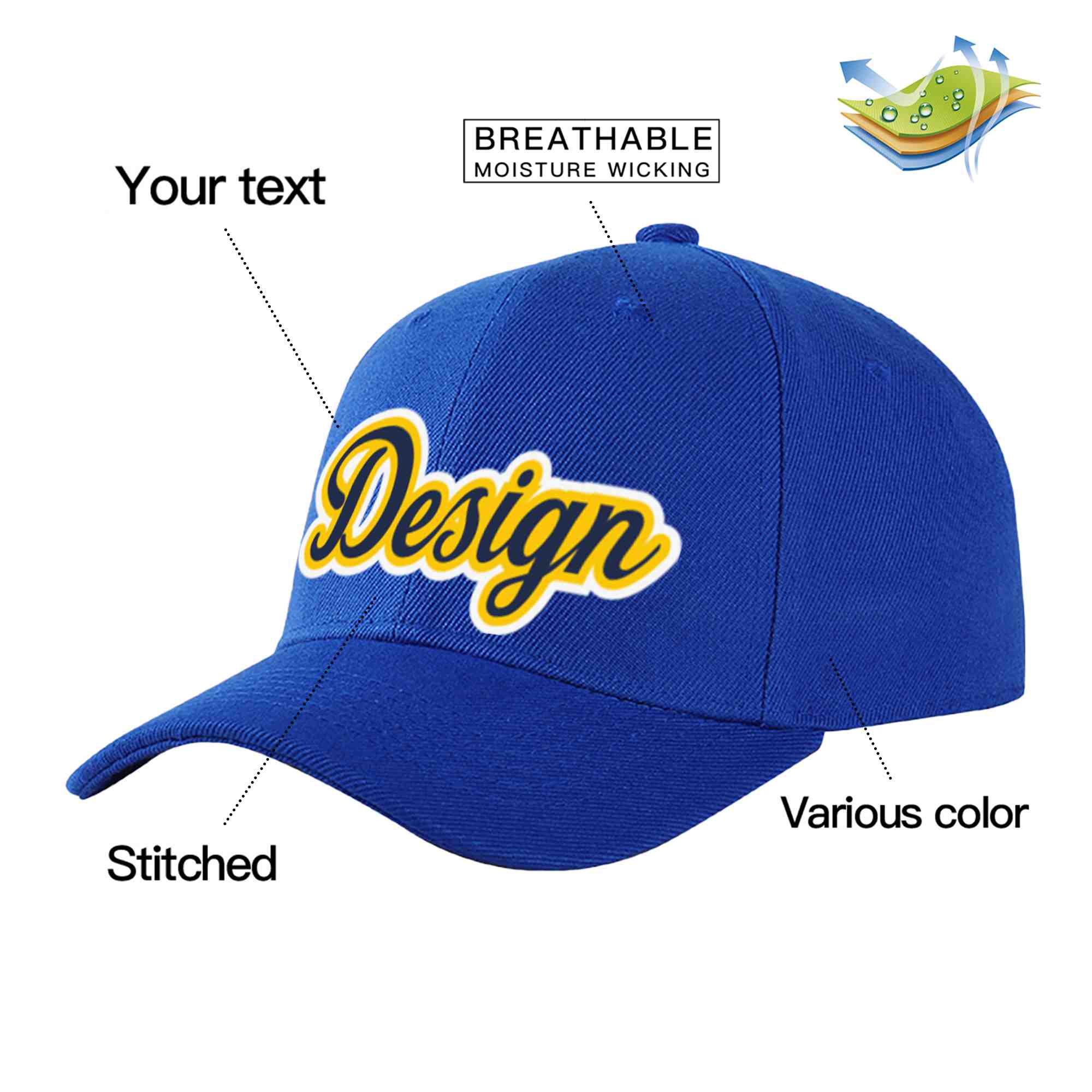 Casquette de baseball courbée personnalisée Royal Navy-jaune Eaves Sport Design