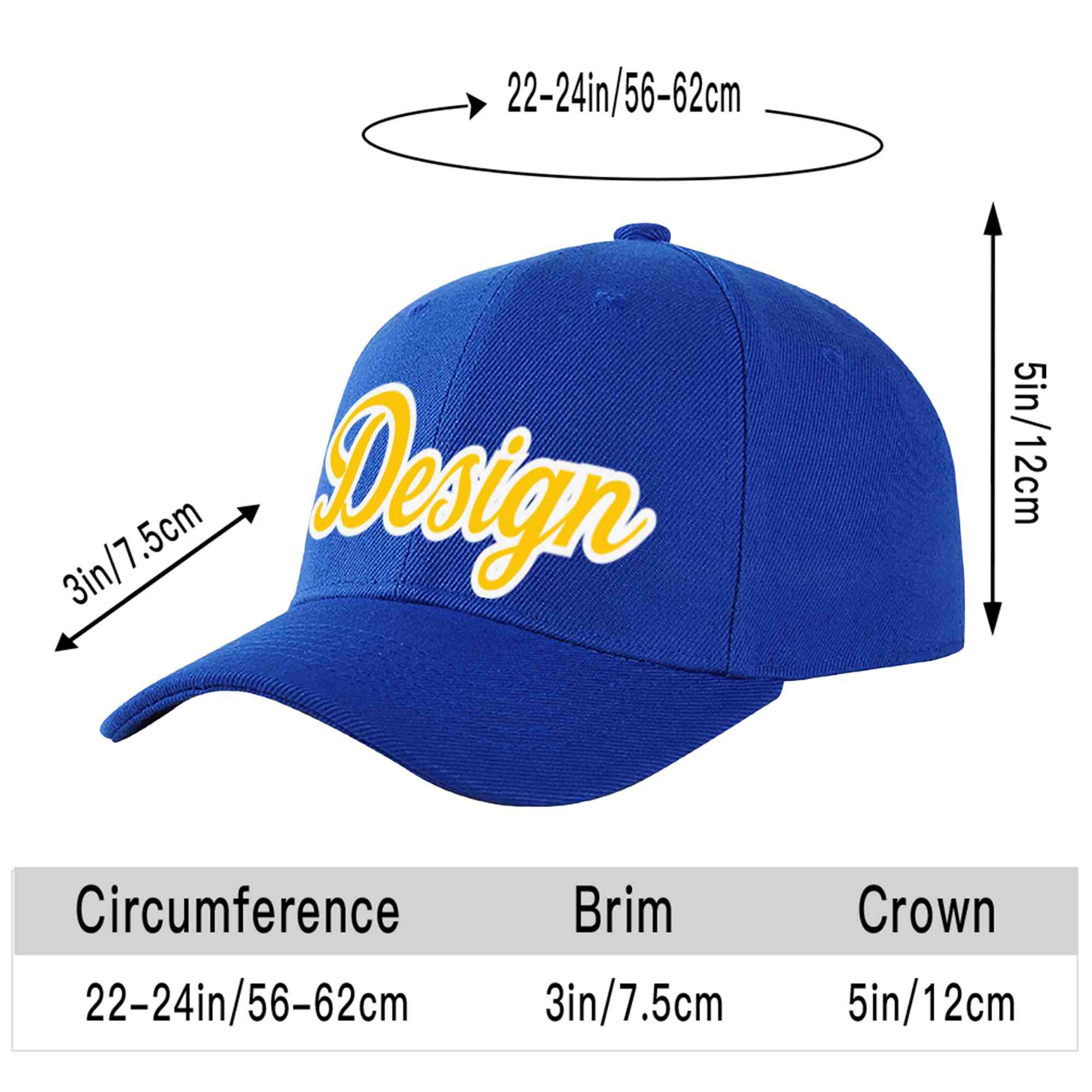 Custom Royal Yellow-White Curved Eaves Sport Design Baseball Cap