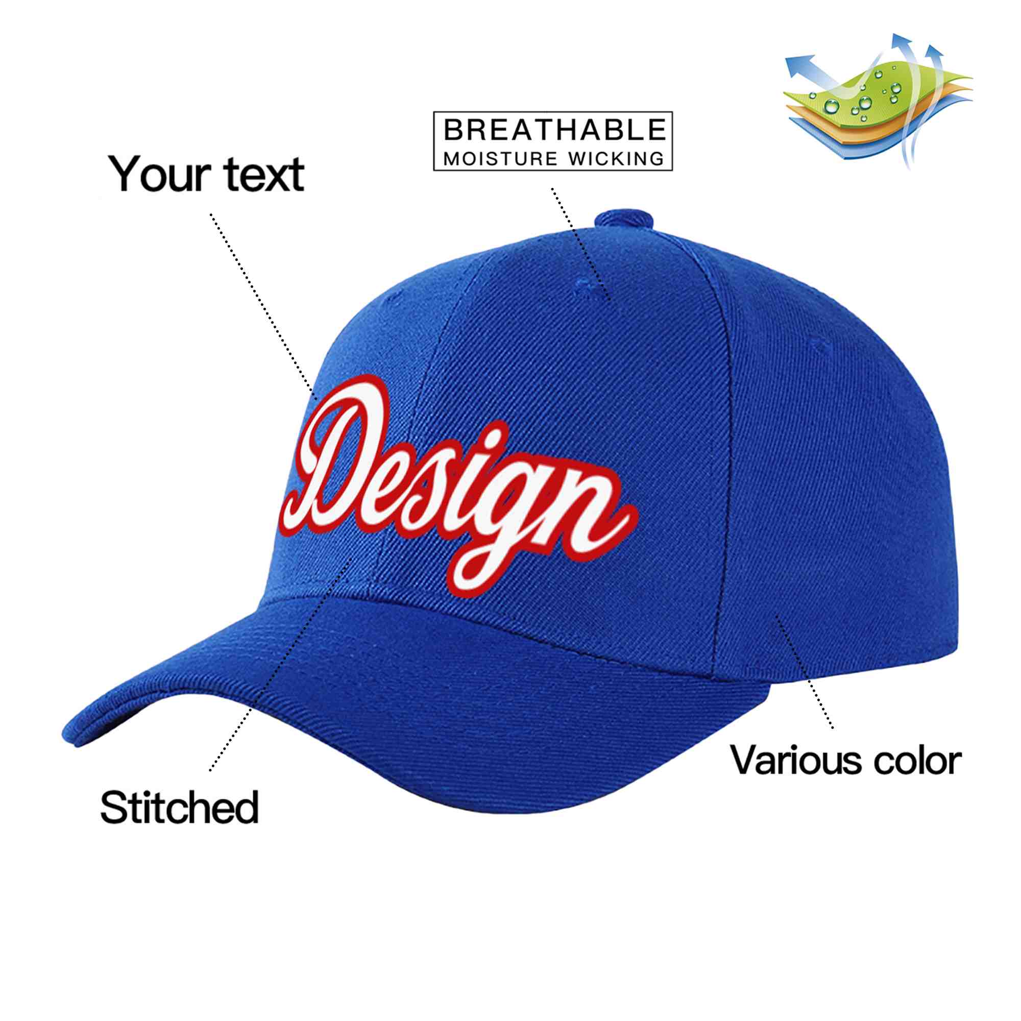 Casquette de baseball personnalisée Royal White-Red Curved Eaves Sport Design