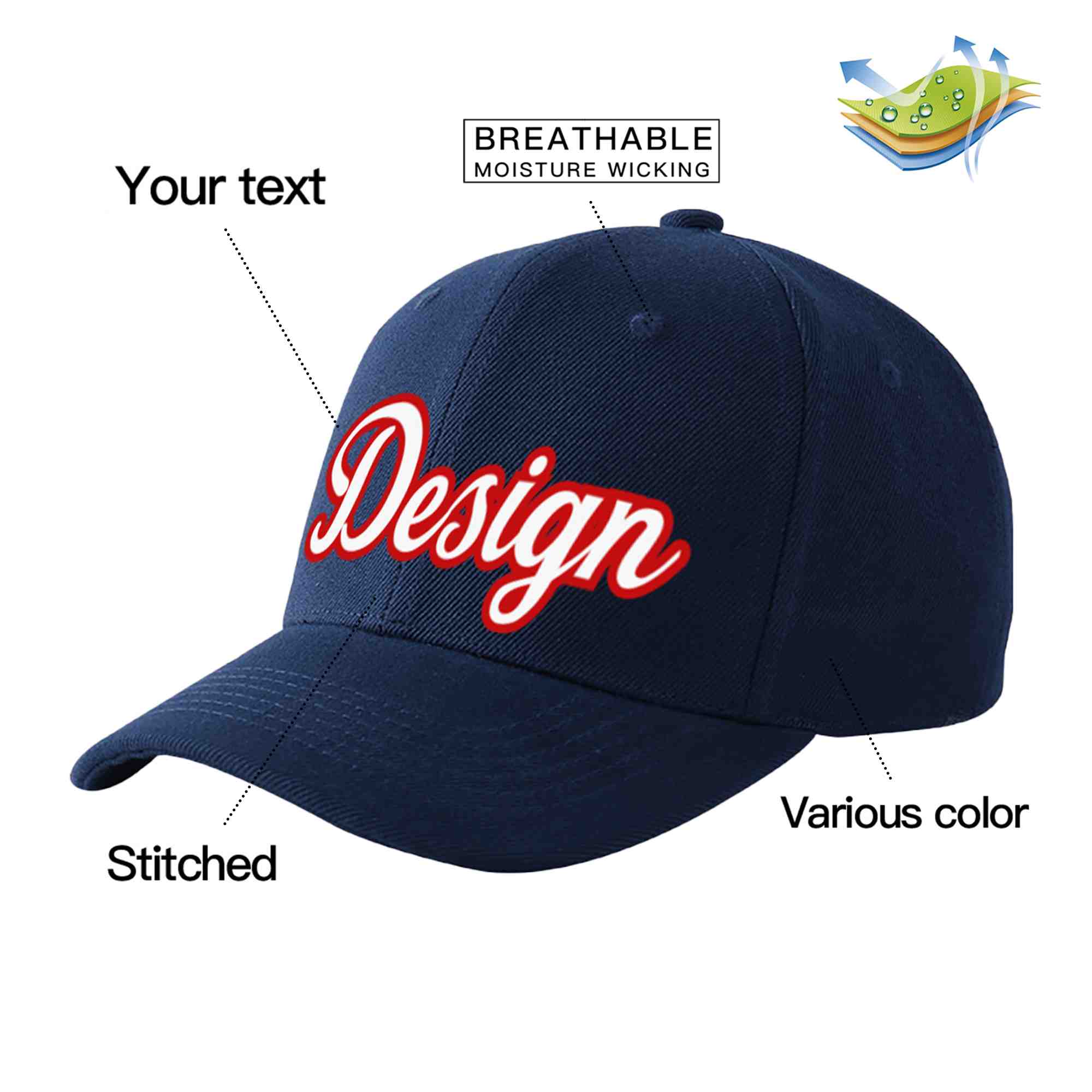 Custom Navy White-Red Curved Eaves Sport Design Baseball Cap