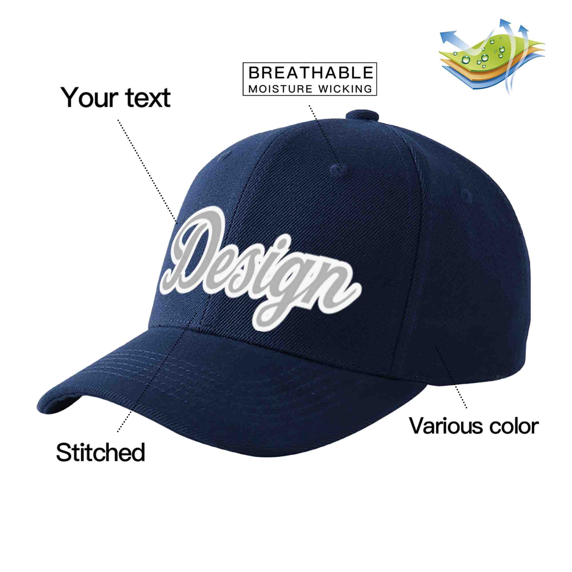 Custom Navy Gray-White Curved Eaves Sport Design Baseball Cap