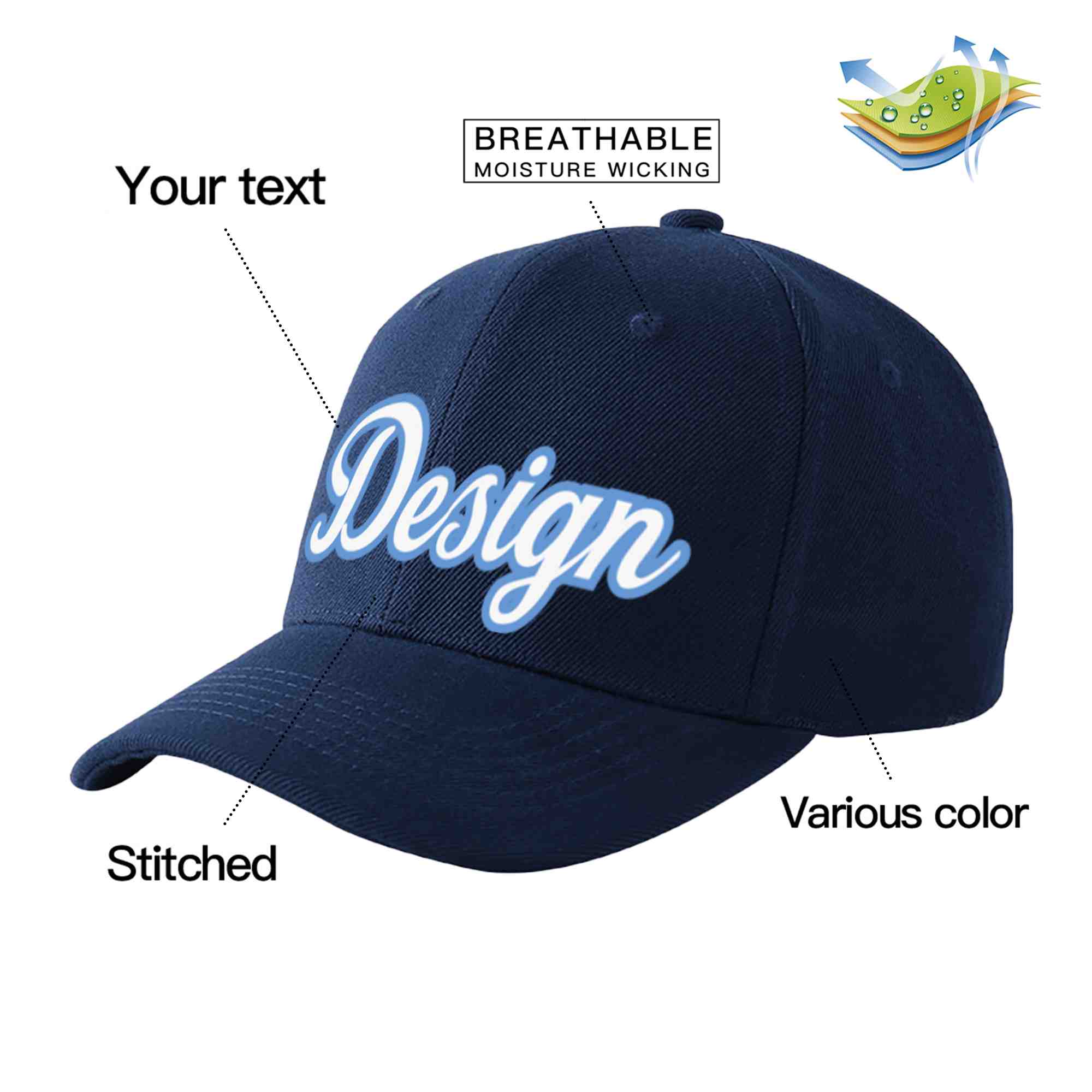 Custom Navy White-Light Blue Curved Eaves Sport Design Baseball Cap