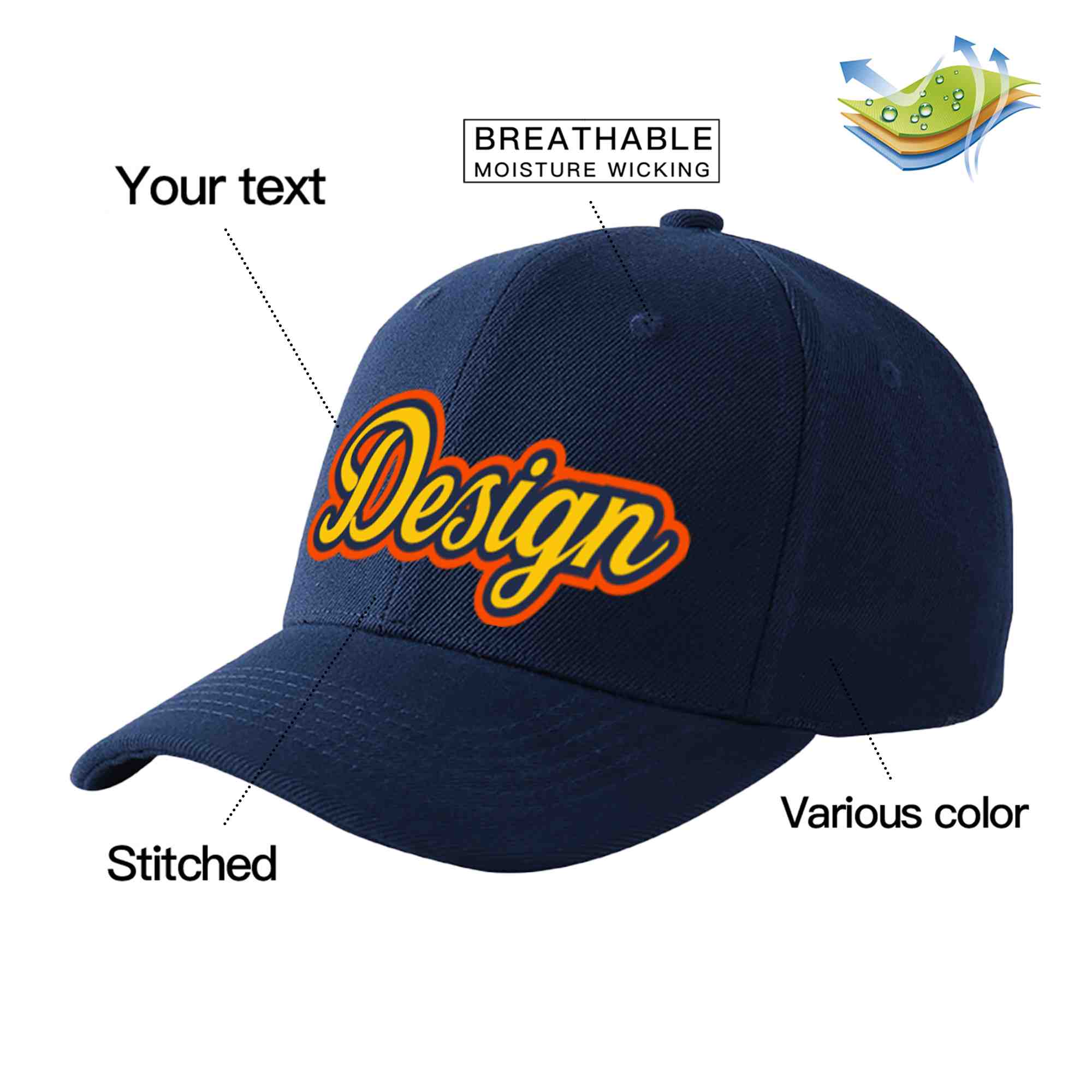 Casquette de baseball courbée personnalisée avec avant-toit et design sportif, bleu marine, or-marine