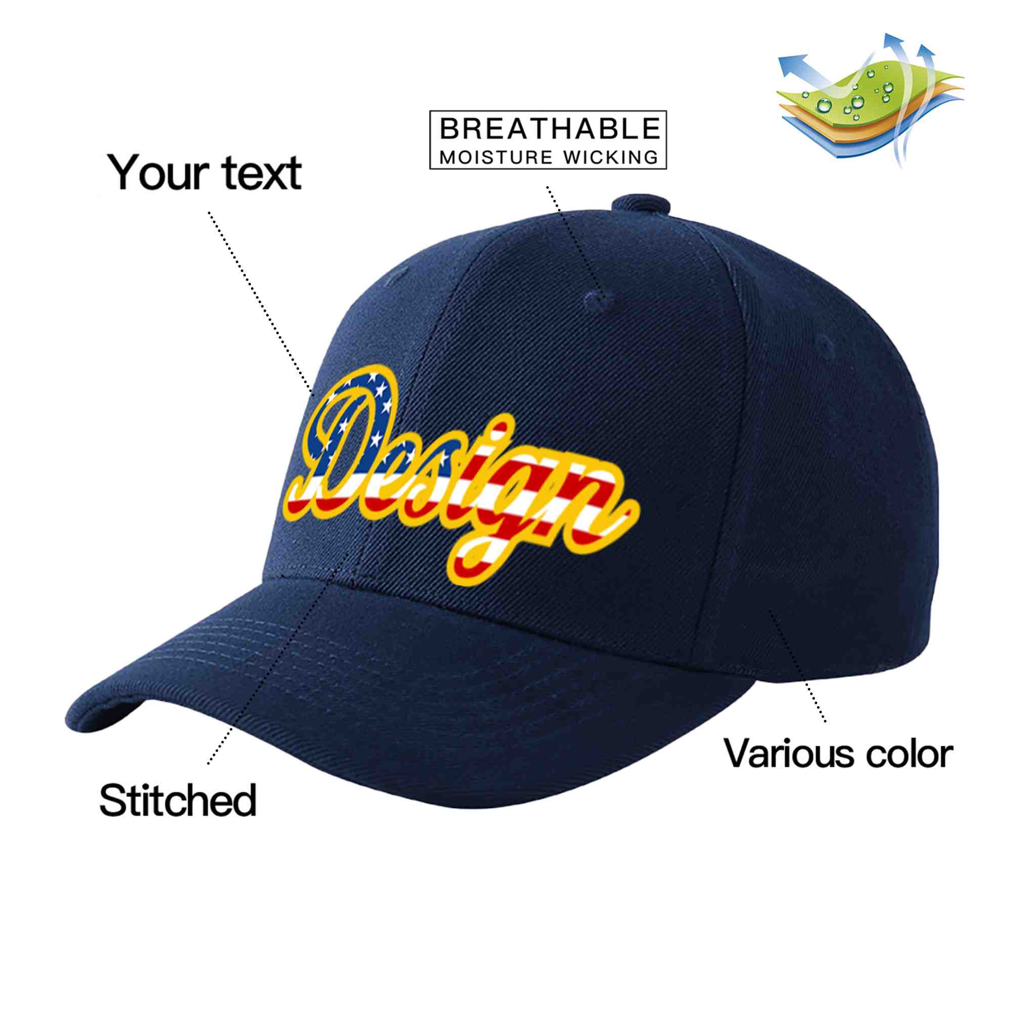 Custom Navy Vintage USA Flag-Gold Curved Eaves Sport Design Baseball Cap