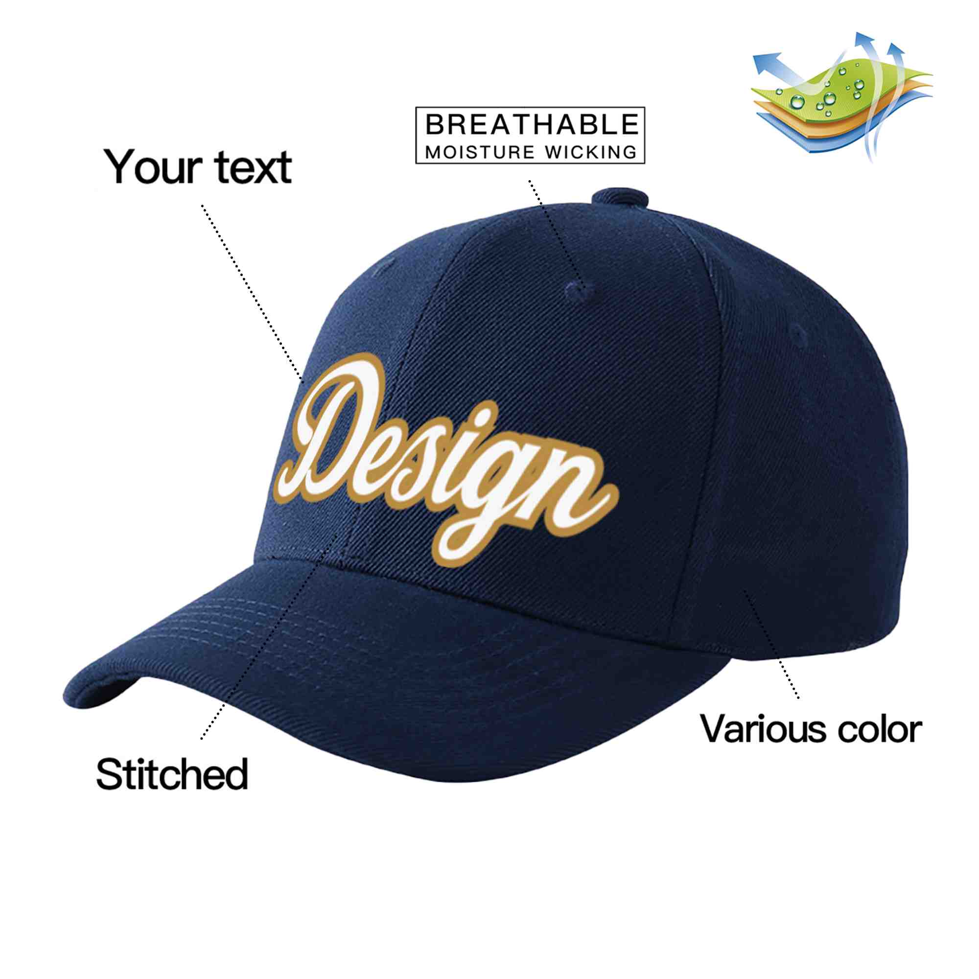 Casquette de baseball personnalisée bleu marine-vieil or incurvée avec avant-toit et design sportif