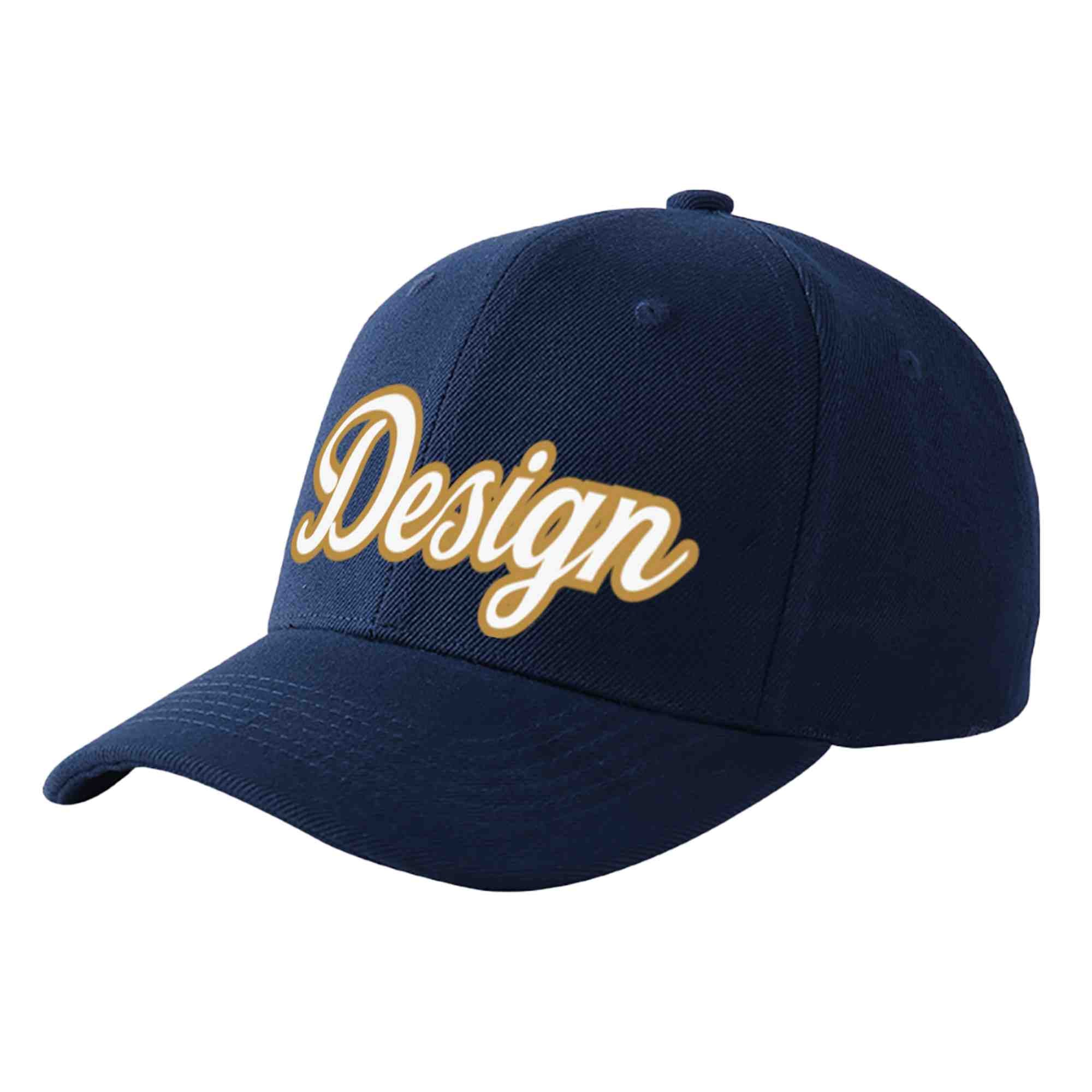 Casquette de baseball personnalisée bleu marine-vieil or incurvée avec avant-toit et design sportif