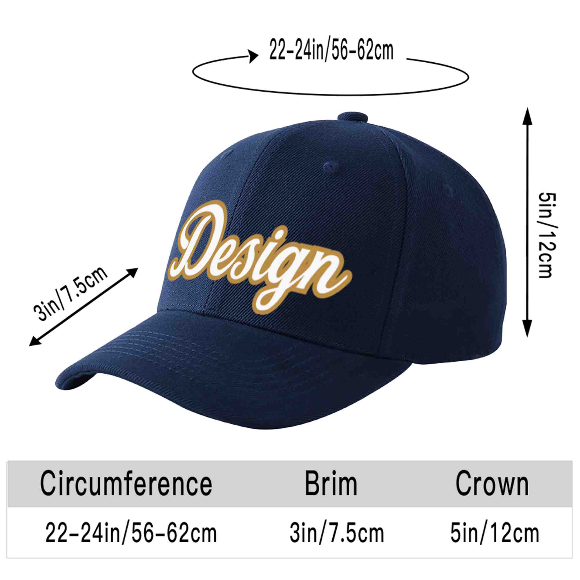 Casquette de baseball personnalisée bleu marine-vieil or incurvée avec avant-toit et design sportif