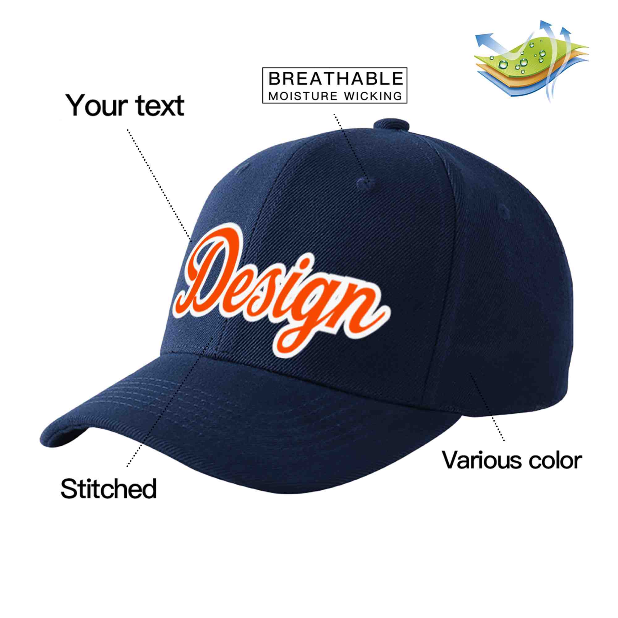 Casquette de baseball personnalisée bleu marine orange-blanc incurvée Eaves Sport Design