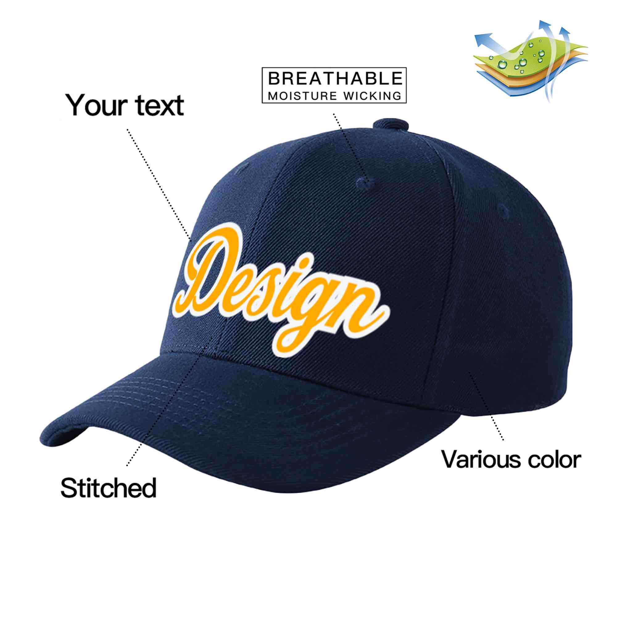 Custom Navy Yellow-White Curved Eaves Sport Design Baseball Cap