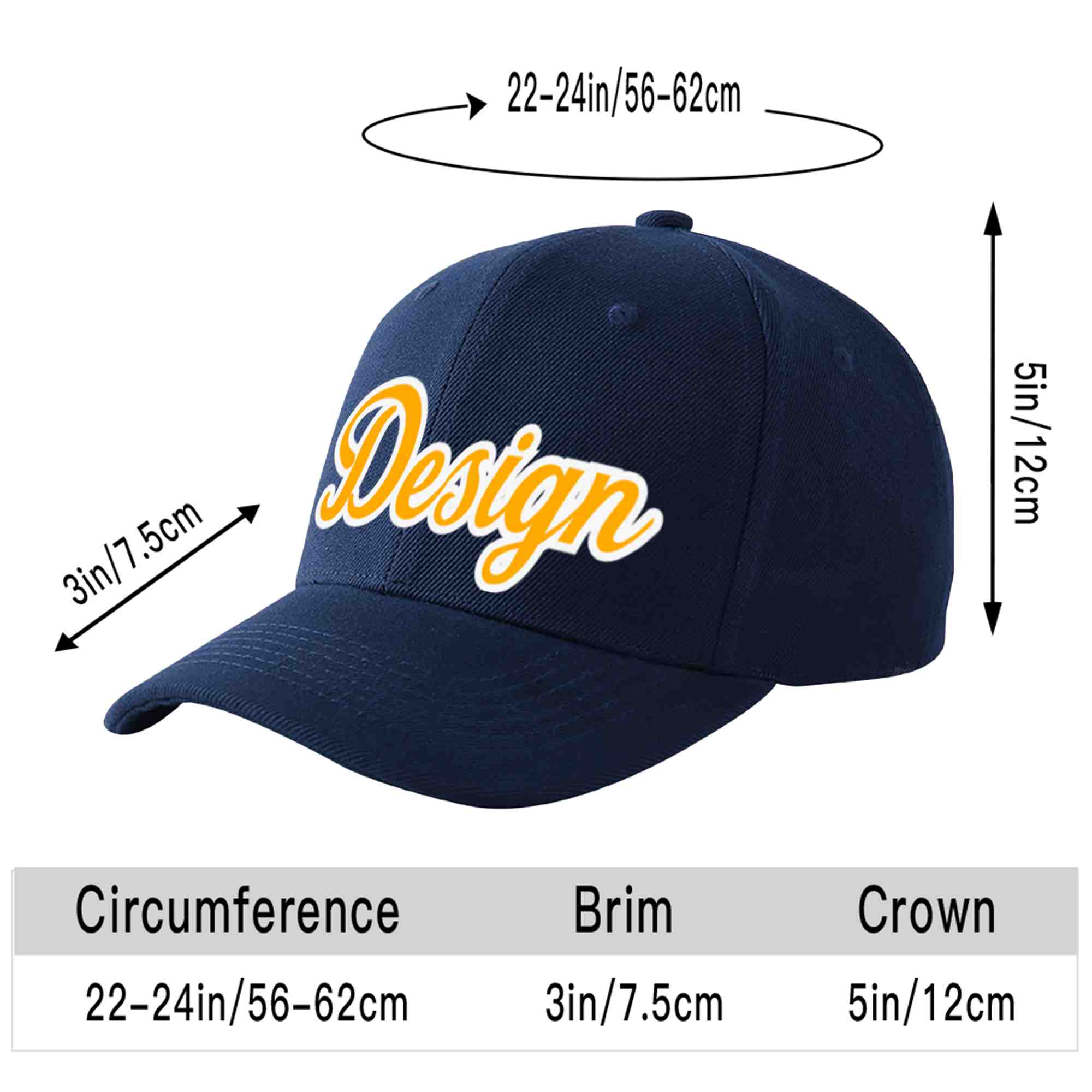 Custom Navy Yellow-White Curved Eaves Sport Design Baseball Cap