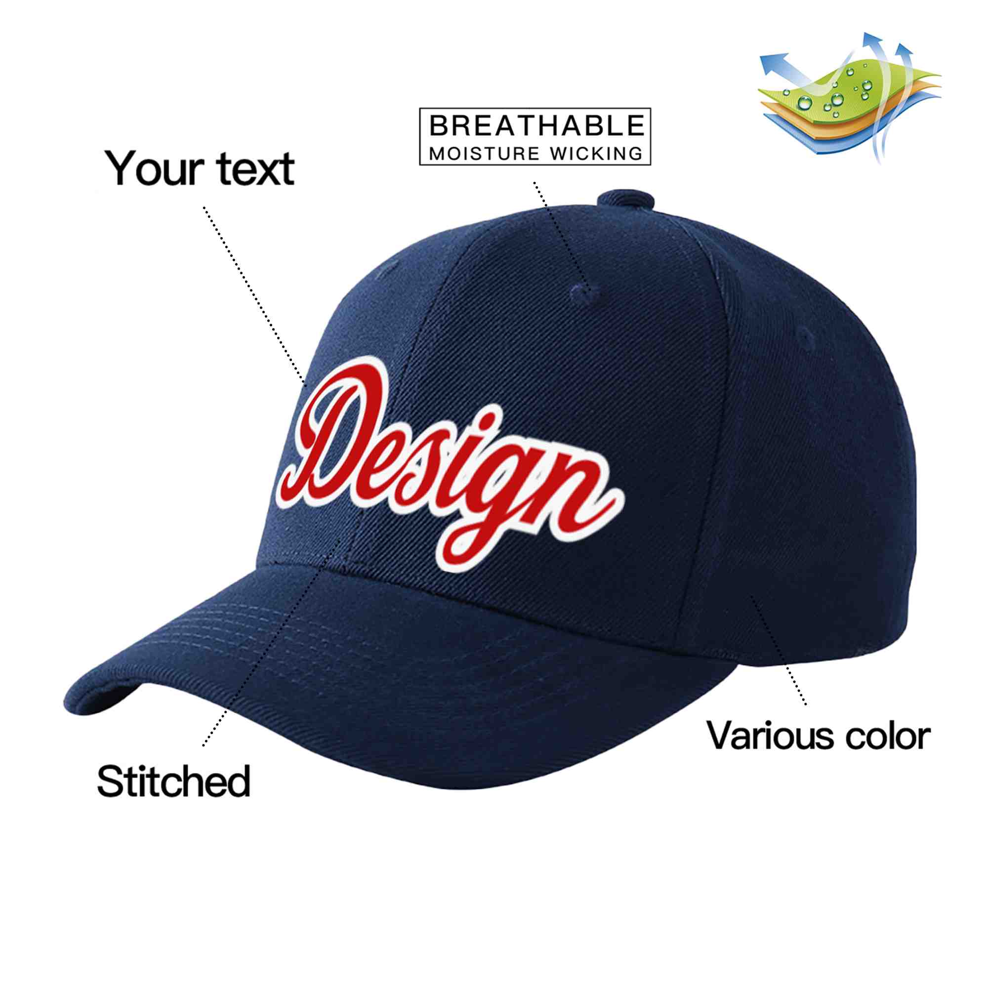 Custom Navy Red-White Curved Eaves Sport Design Baseball Cap