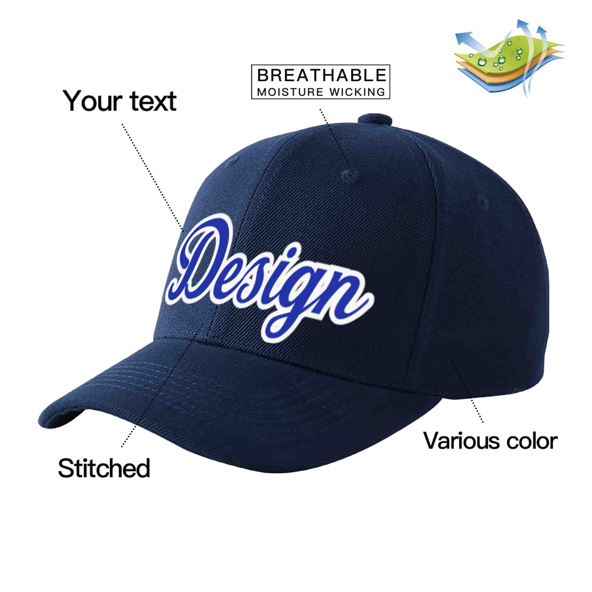 Casquette de baseball personnalisée bleu marine Royal-White Curved Eaves Sport Design