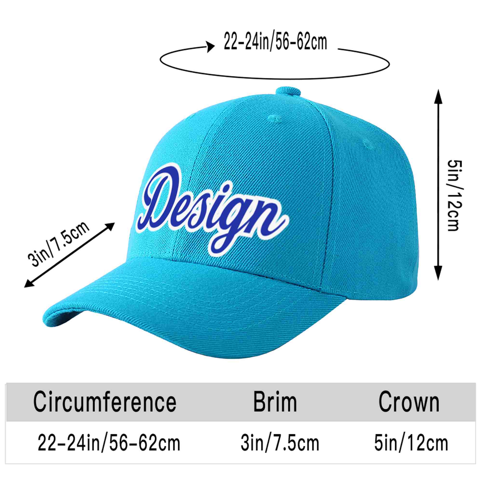 Custom Aqua Royal-White Curved Eaves Sport Design Baseball Cap