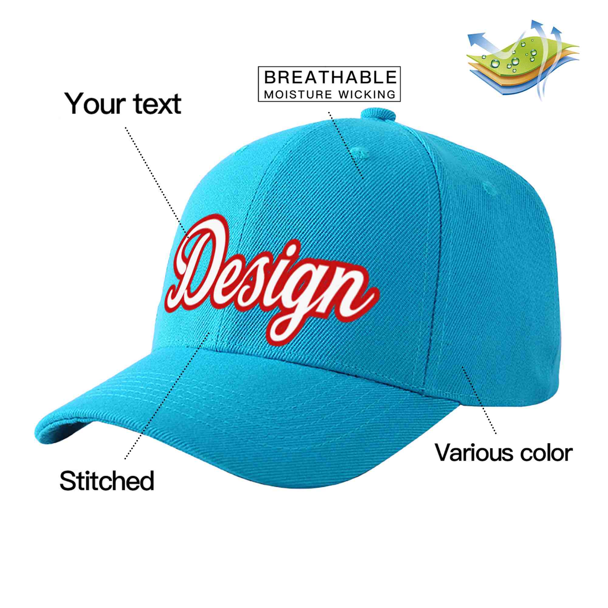 Casquette de baseball personnalisée Aqua blanc-rouge incurvée Eaves Sport Design