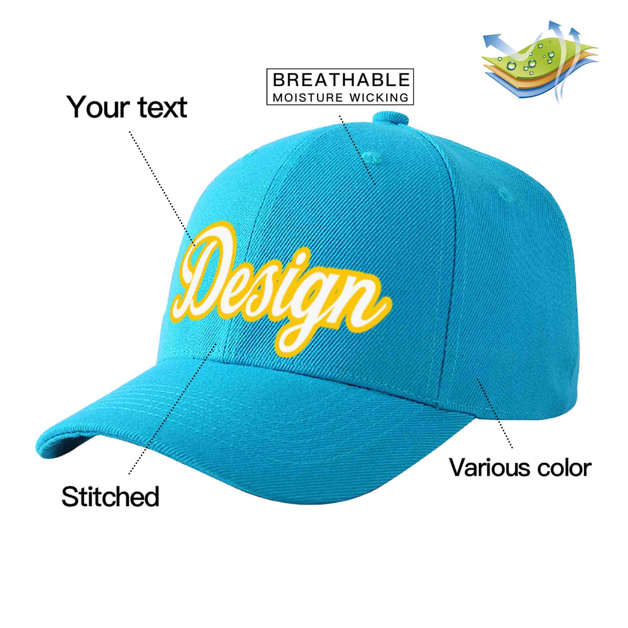 Casquette de baseball personnalisée Aqua White-Gold Curved Eaves Sport Design